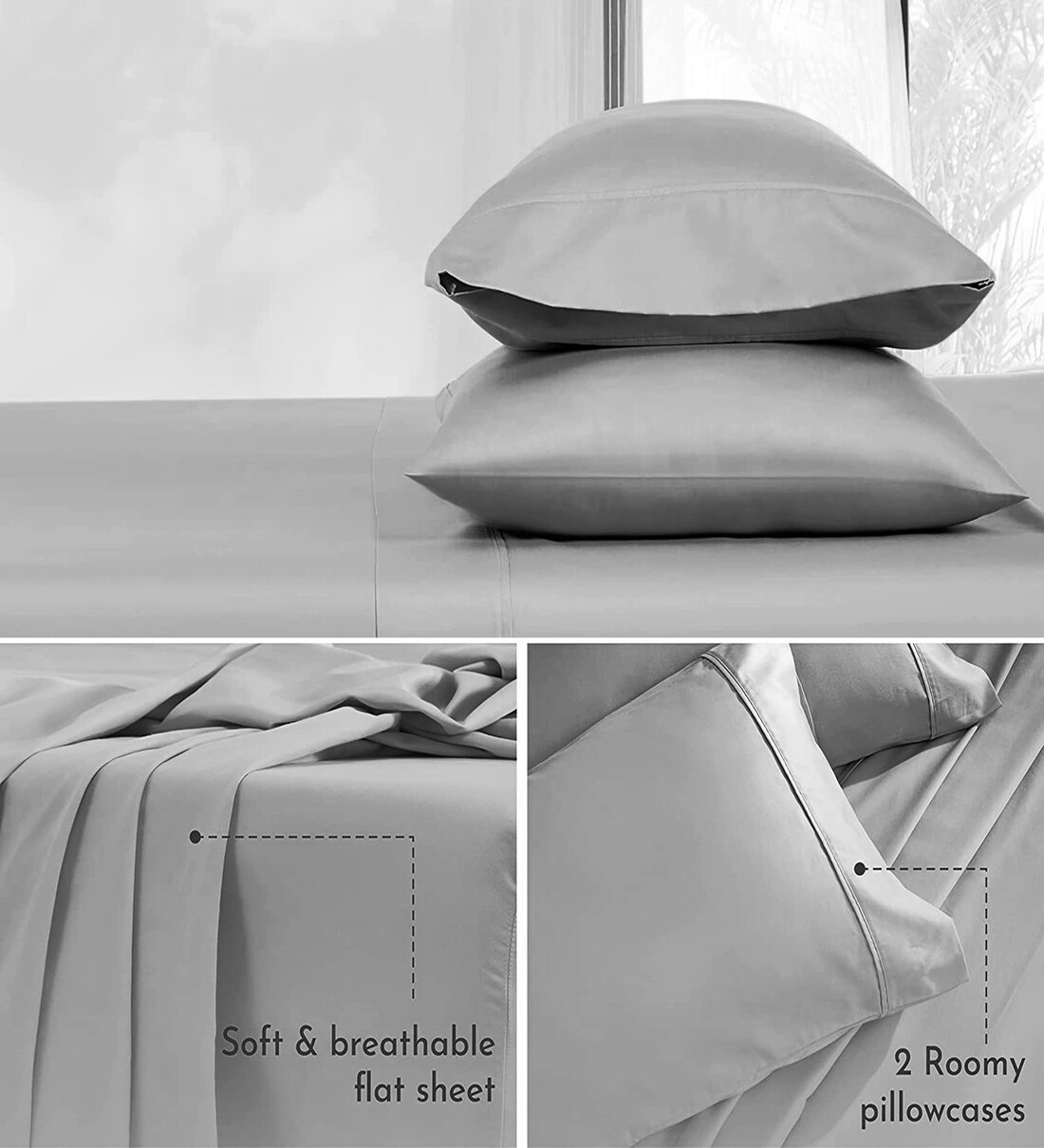 Buy Light Grey Solid 300 TC Cotton Satin King Sized Bedsheet With 2