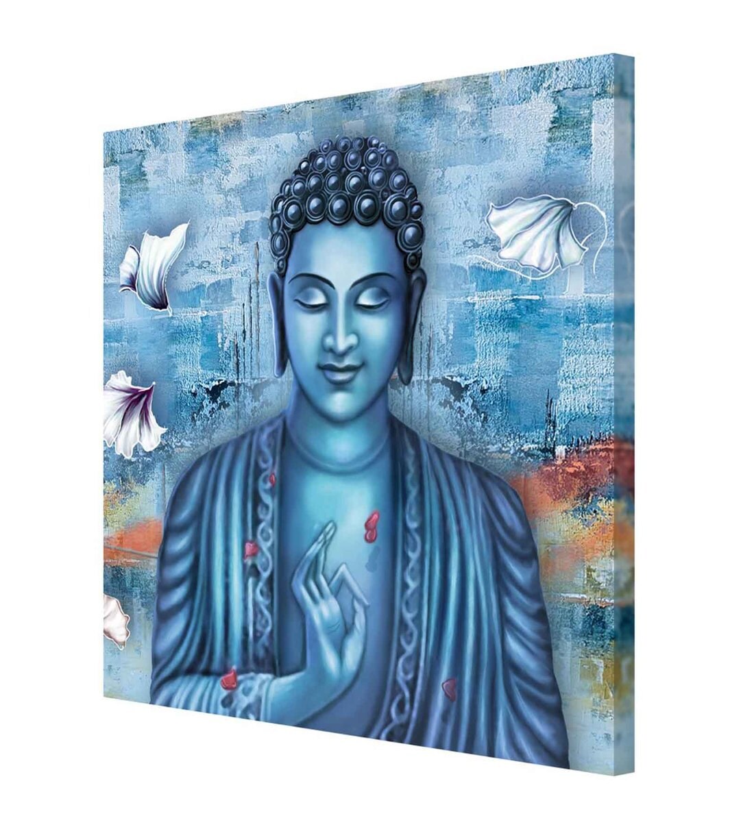 Buy Light Navy Blue Buddha Backgrou & White Flowers Canvas Art Print ...