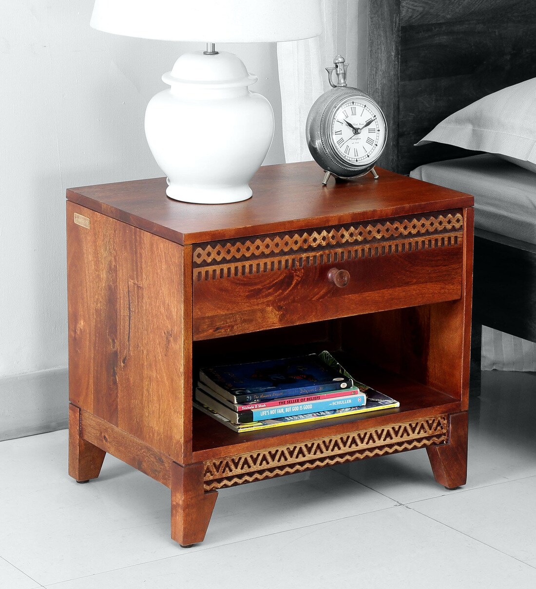 Buy Lima Solid Wood Nightstand In Honey Oak Finish By Woodsworth Online Contemporary Night Stands Tables Furniture Pepperfry Product