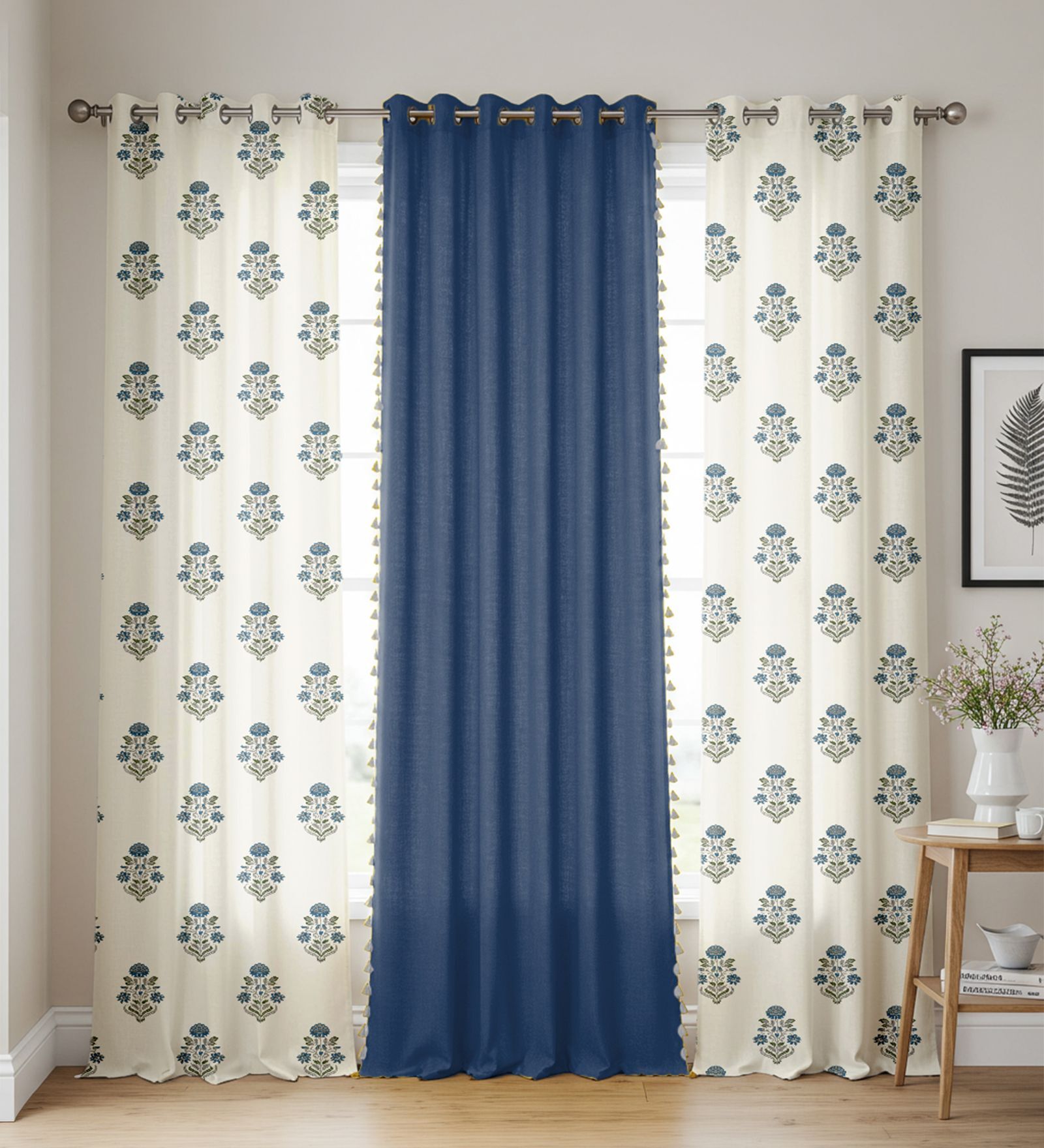 Liberty Blue & Aura Indigo Printed Cotton Curtains for Long Door Pack of 3