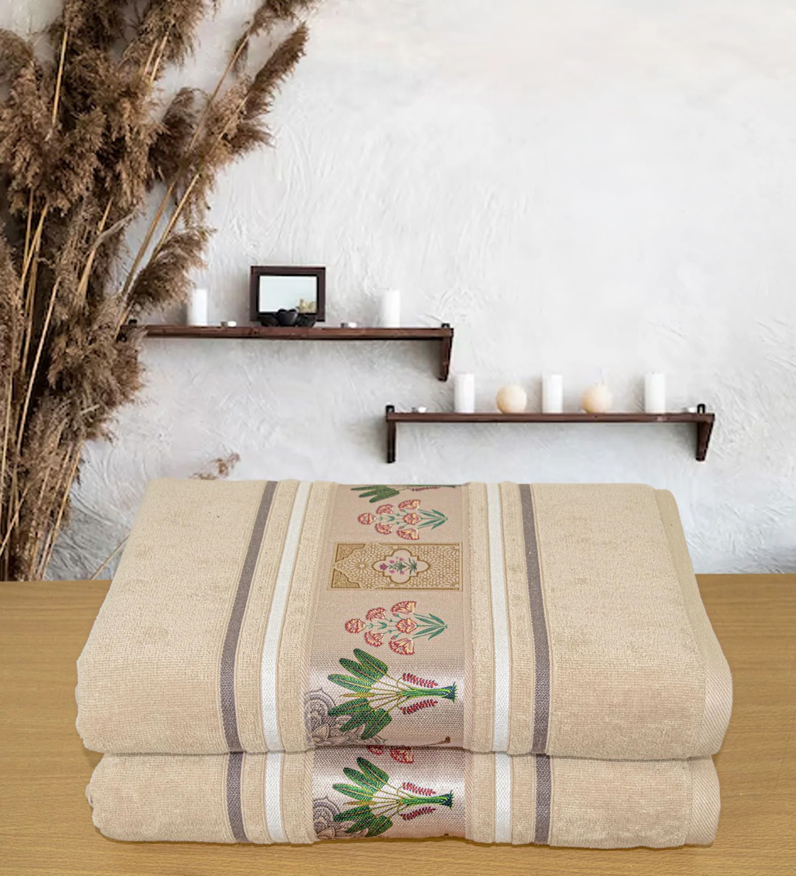 Light Beige Cotton Printed 460 GSM Bath Towels Pack of 2 Light Beige Cotton Printed 460 GSM Bath Towels Pack of 2