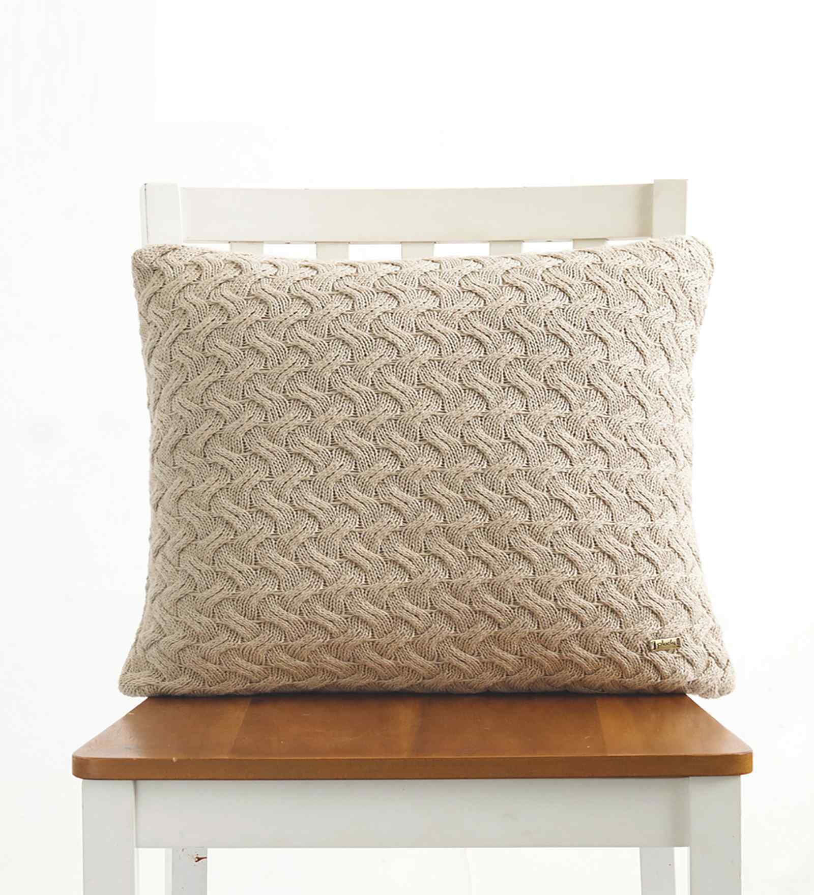 Light Beige Melange 100% Cotton Criss Cross 18X18 Inches Knitted Cushion Cover