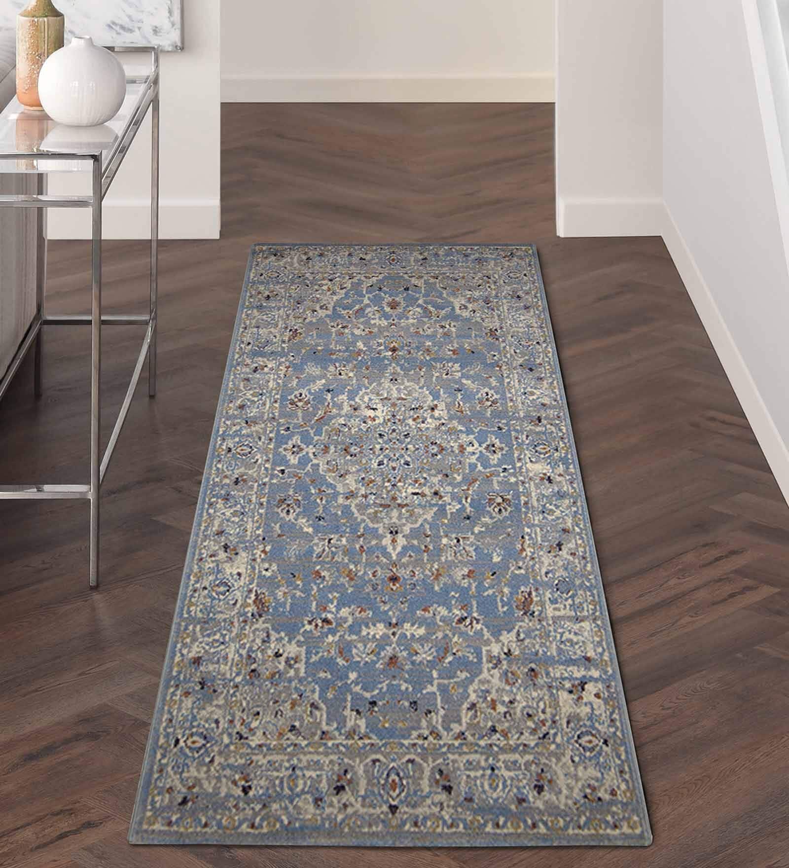 Light Blue Abstract Polyester 59x24 Inches Machine Made Floor Runner