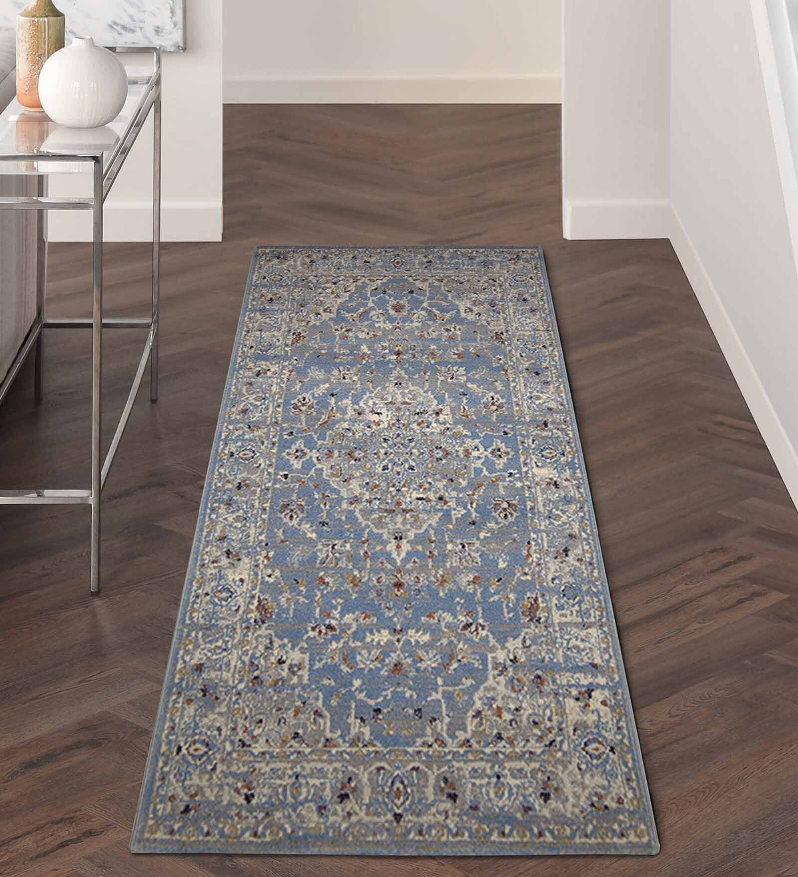 Light Blue Abstract Polyester 59x32 Inches Machine Made Floor Runner