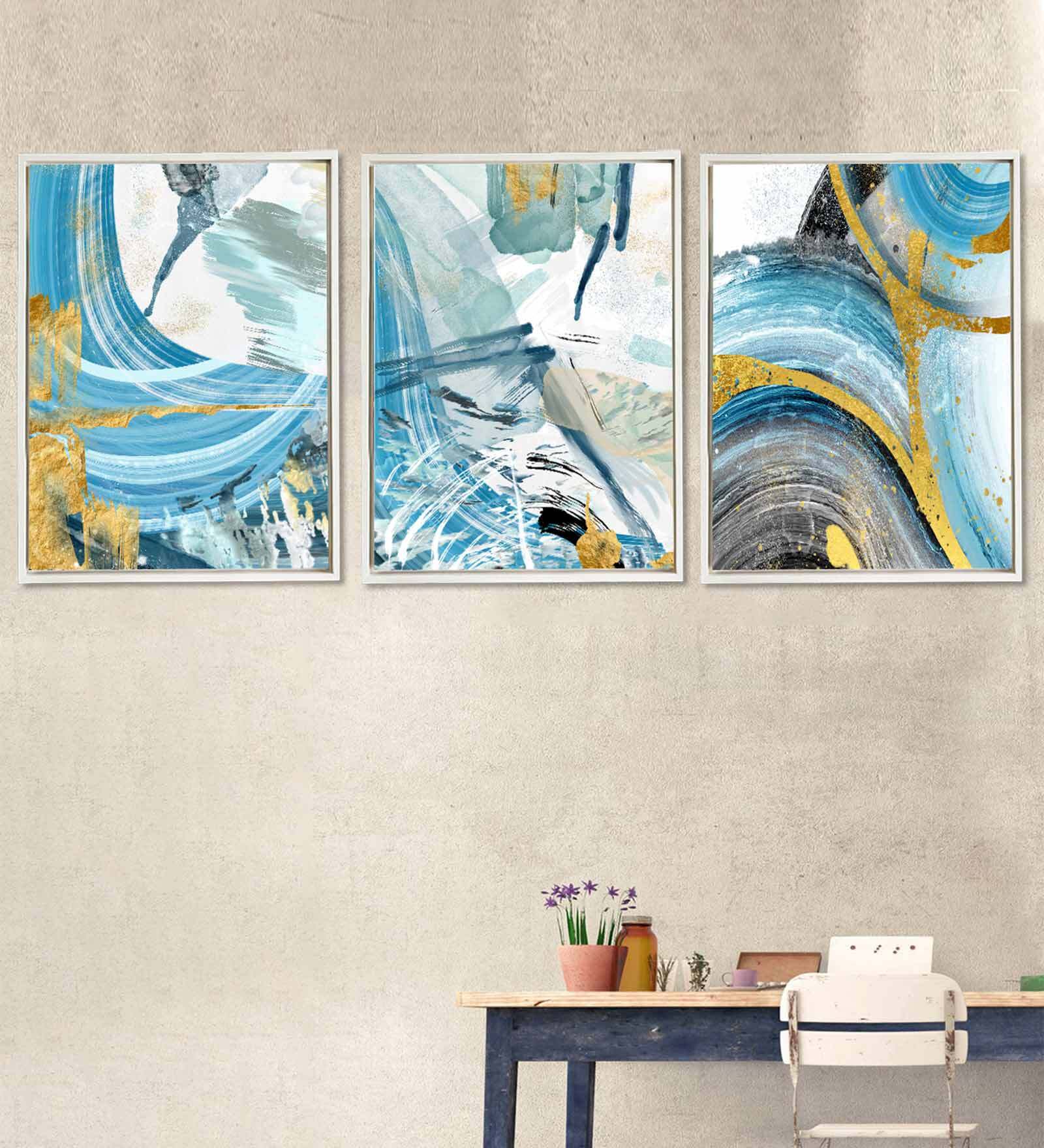 School of Make Up Blue Canvas Framed Art Panels Set of 3