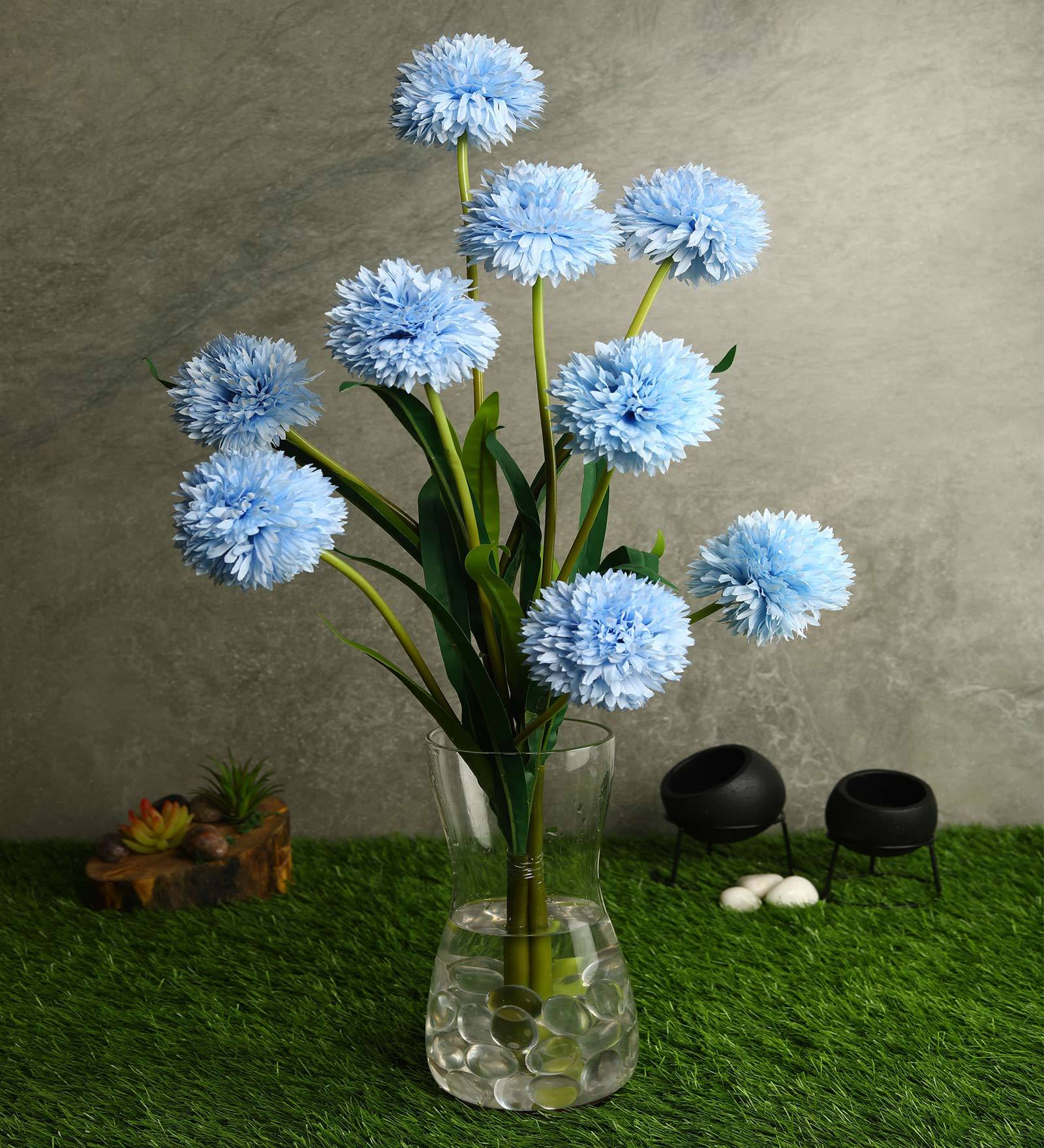 Light Blue Fabric Decorative Artificial BallMum Flowers Set of 3