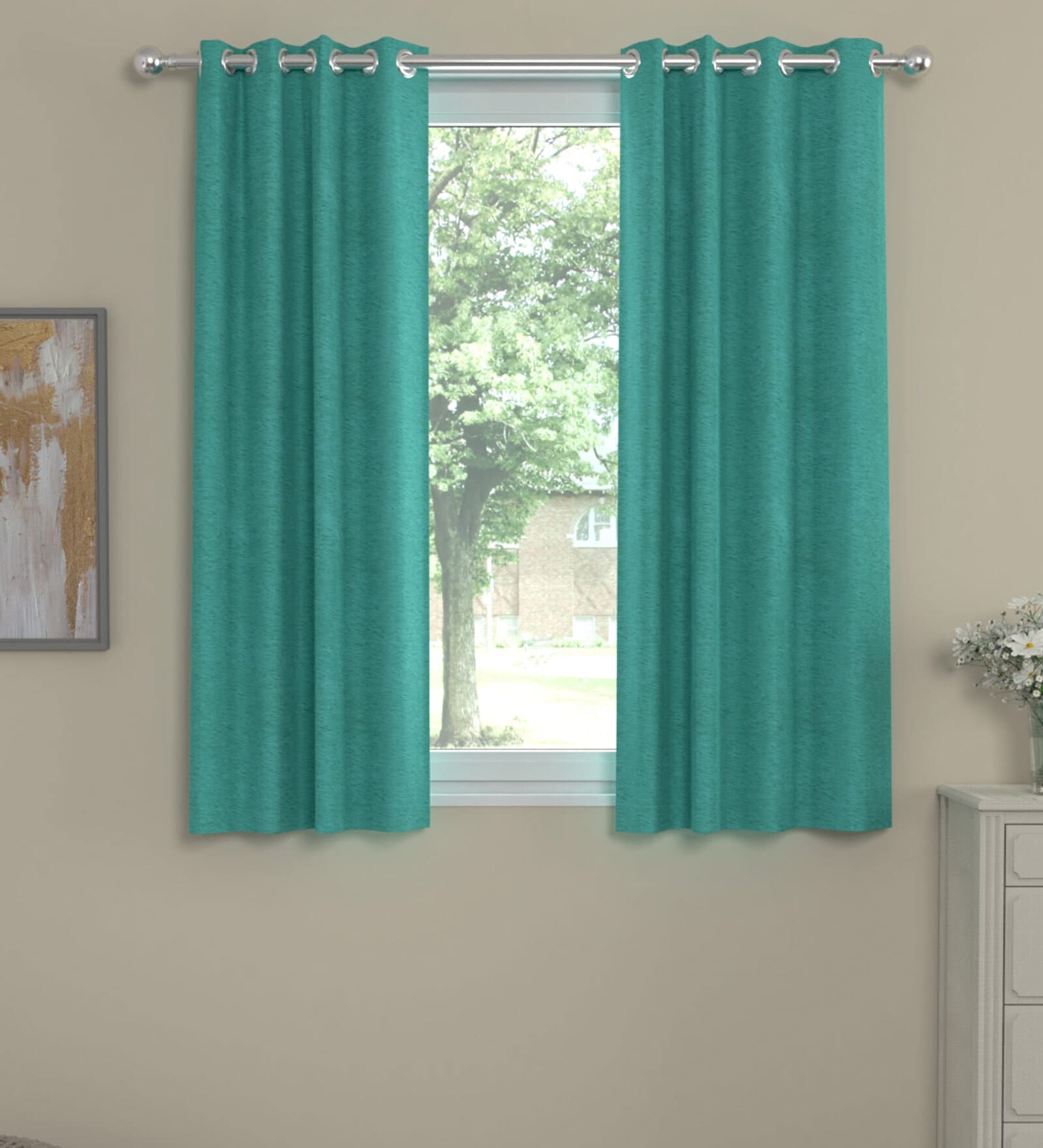 Teal Solid Polyester 5 Ft Semisheer Eyelet Window Curtains (Set of 2)
