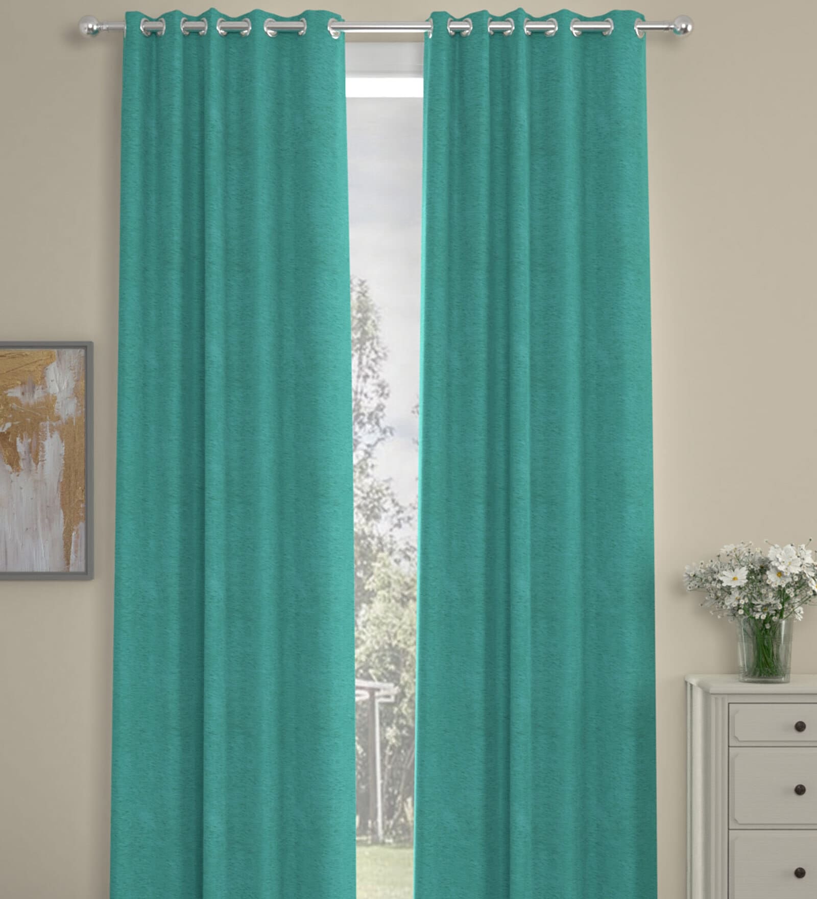 Teal Polyester Solid 9 Ft Semisheer Eyelet 2 Door Curtains