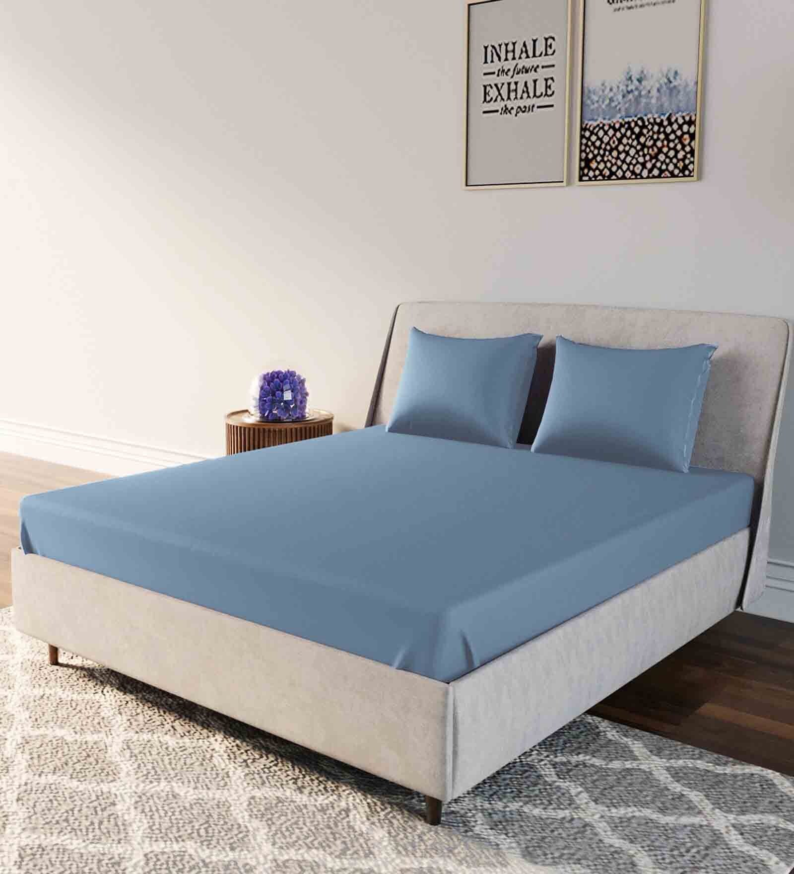 Light Blue Solid 300 TC Cotton Satin Queen Sized Bed Sheets with 2 Pillow Covers