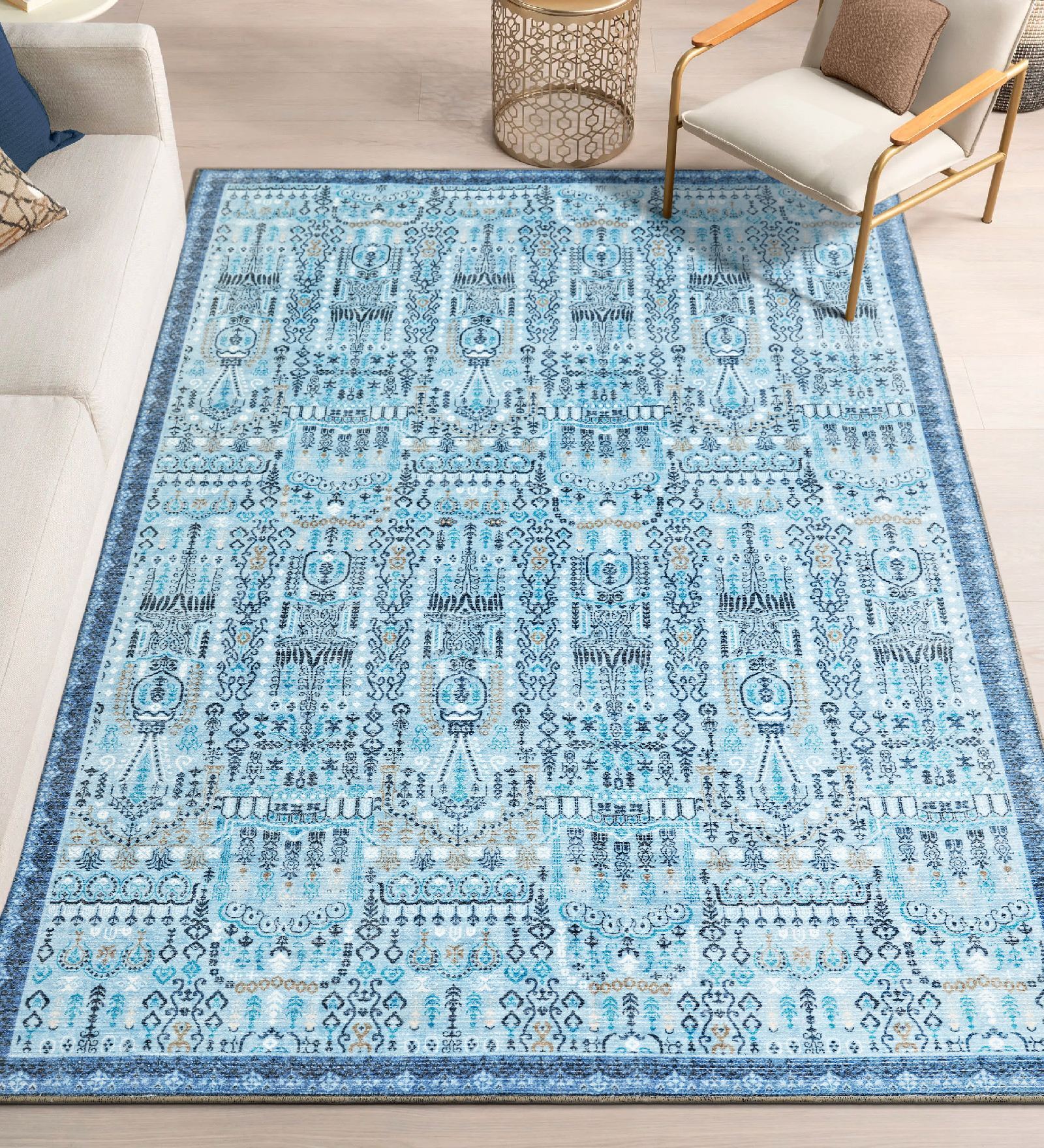 Light Blue Traditional Polyester 6 ft x 9 ft Machine Made Carpet