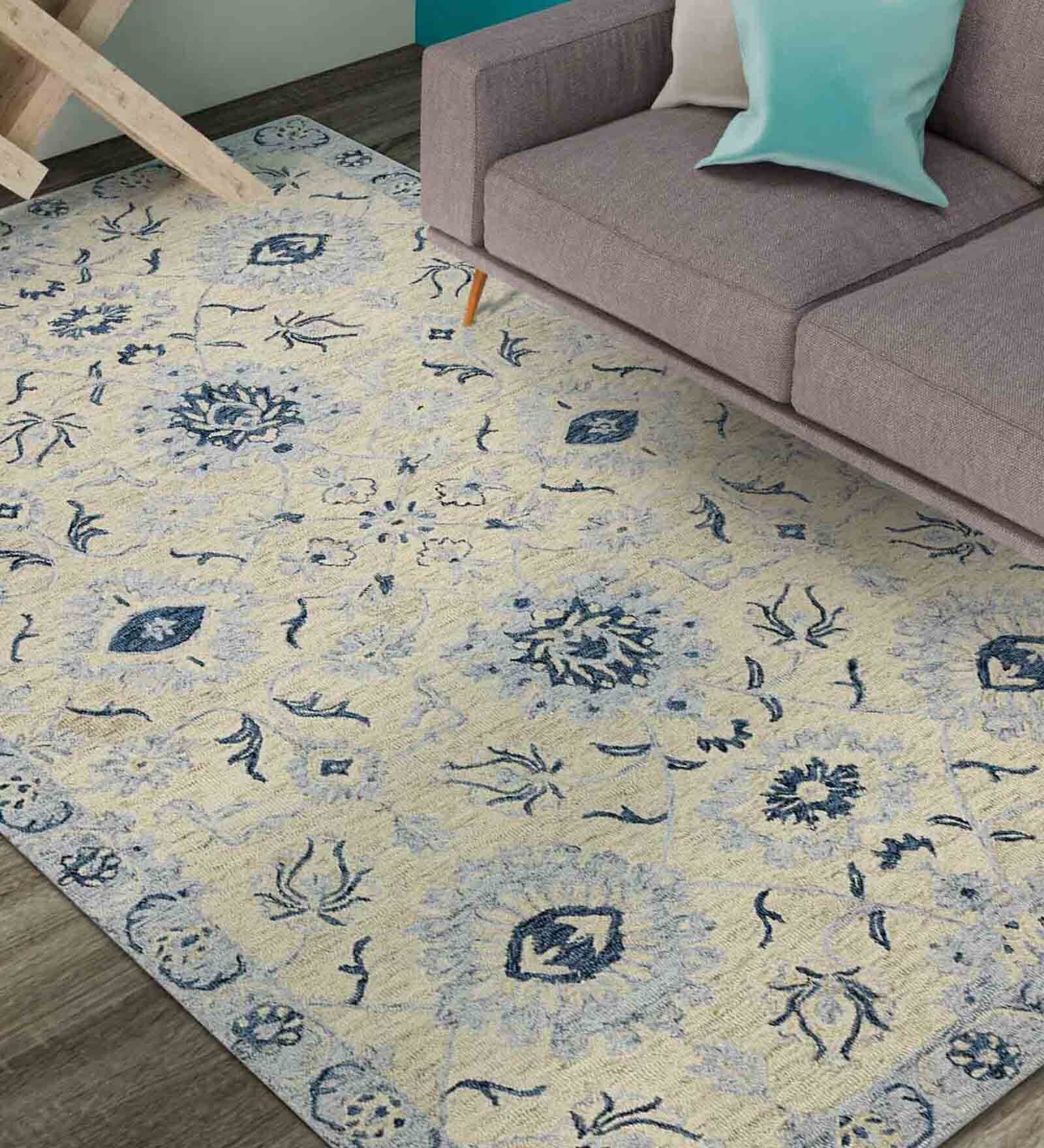 Blue Floral Wool 8 ft x 10 ft Hand Tufted Carpet