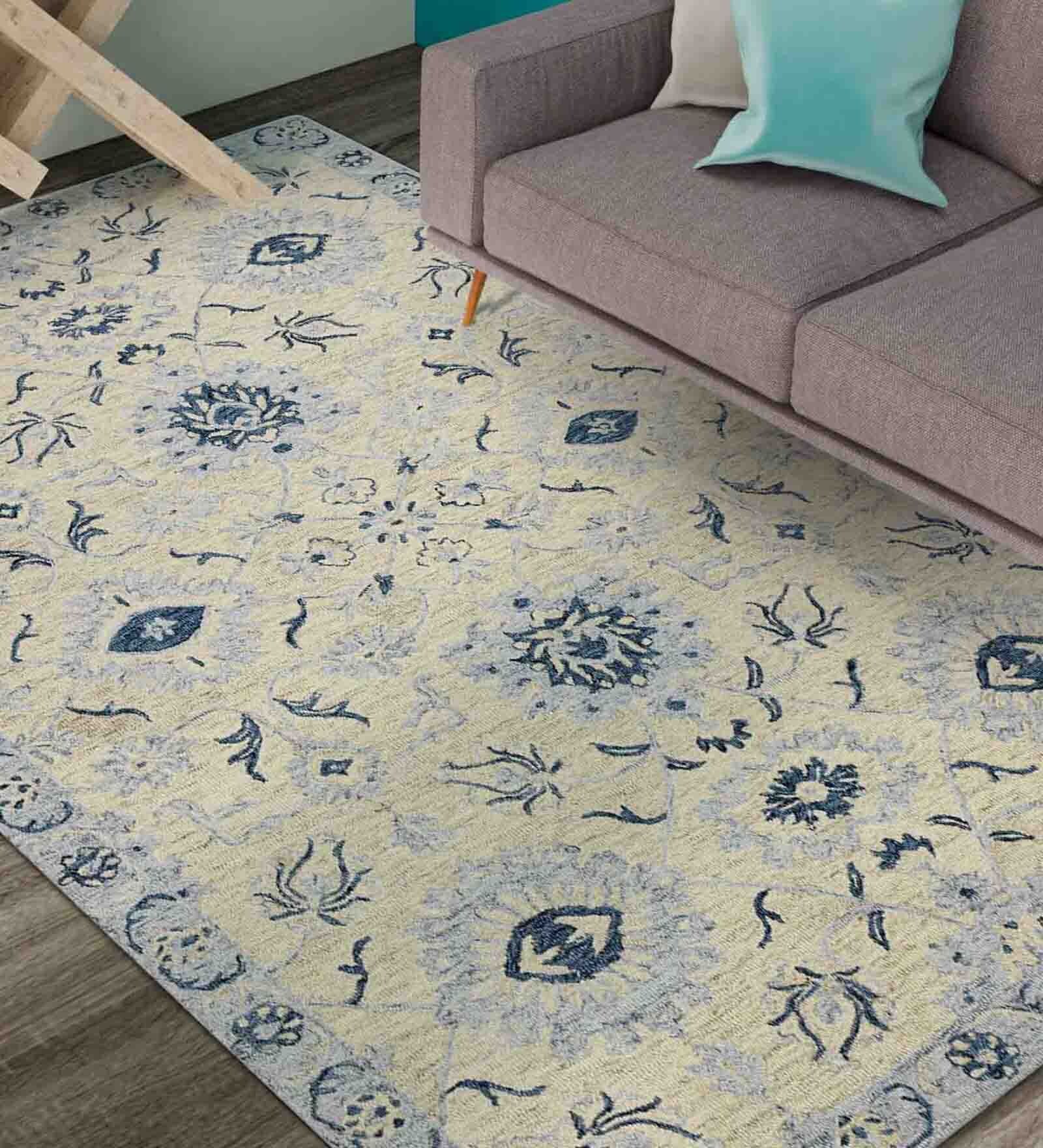 Blue Floral Wool 5 ft x 8 ft Hand Tufted Carpet