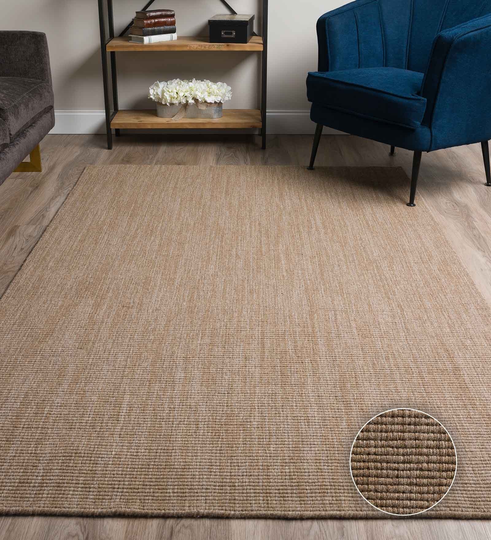 Light Brown & Light Green Solid Wool & Jute 8 x 10 Feet Hand Woven Carpet