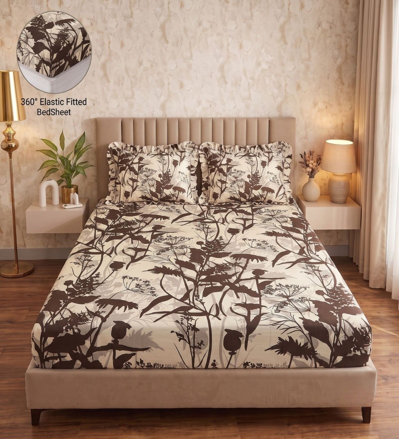 Brown Floral Polycotton Double King Fitted Bedsheet With 2 Frill Pillow Covers
