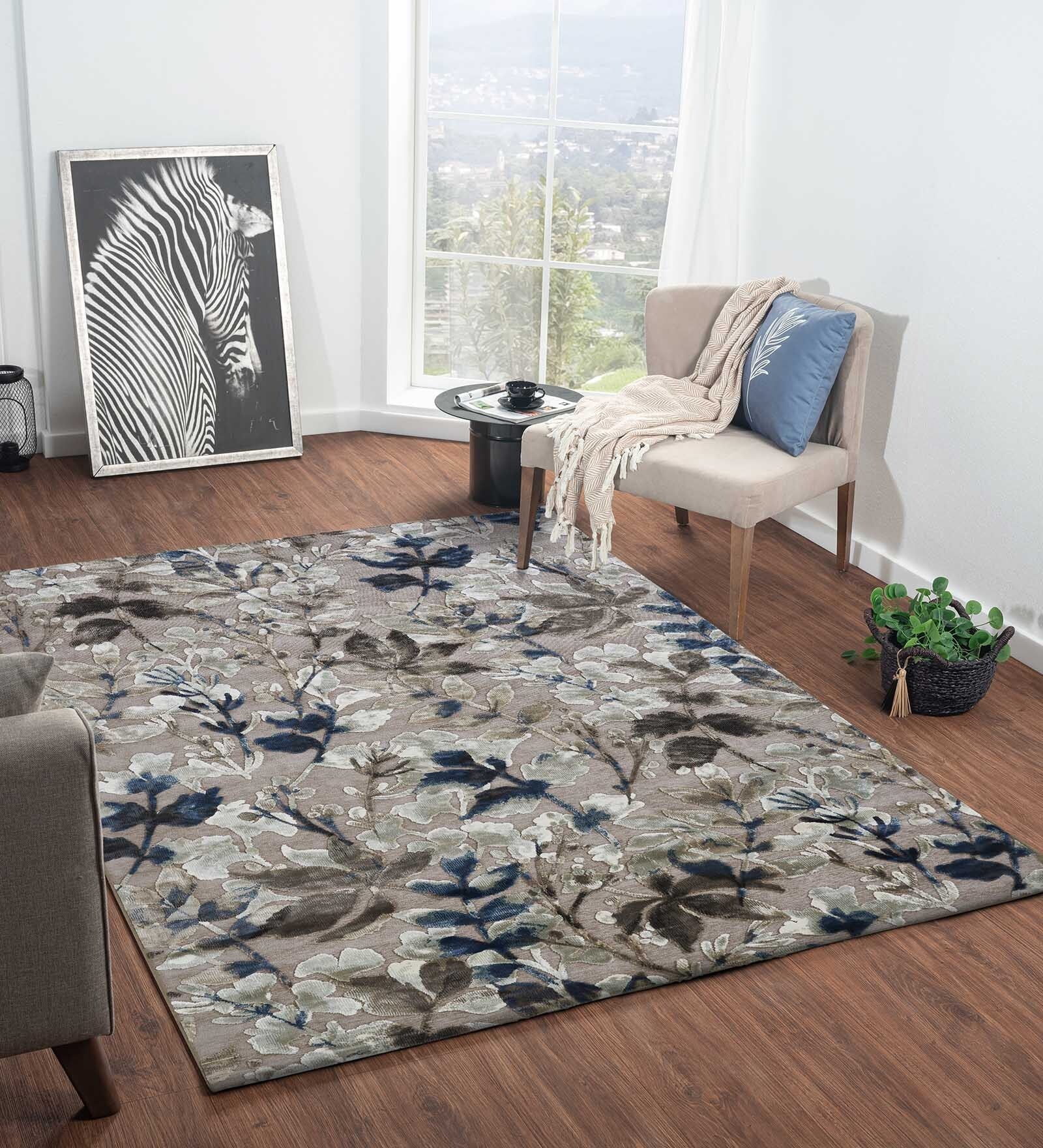 Light Brown and Blue Floral 3x5 Feet Machine Made Carpet
