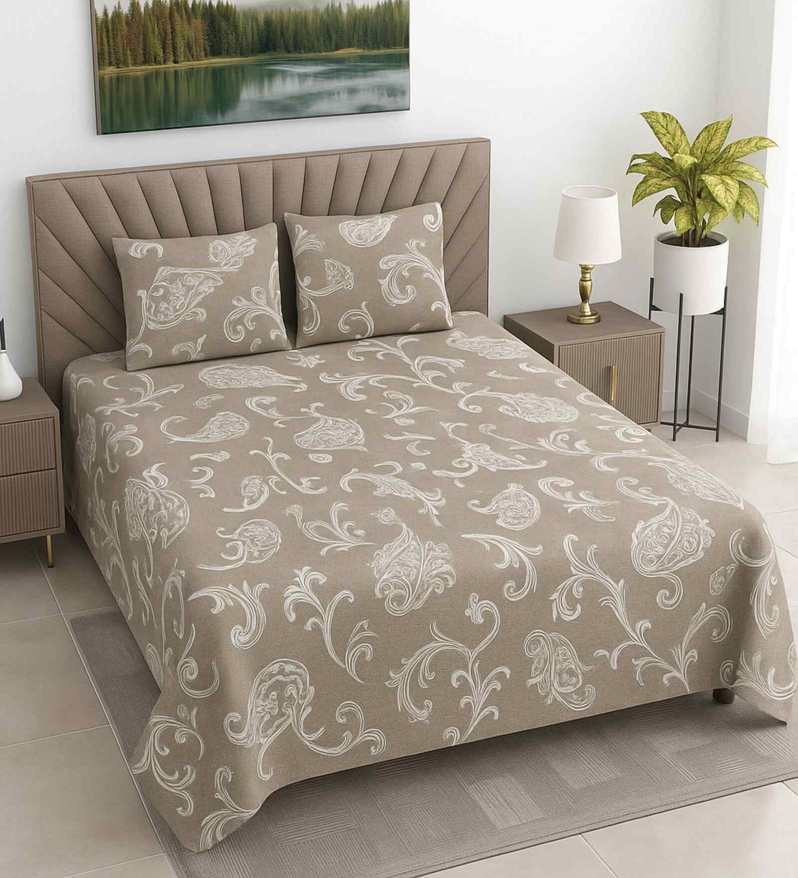 Light Brown Floral 400 TC Cotton Queen Flat Bedsheet with 2 Pillow Covers Essential Collection