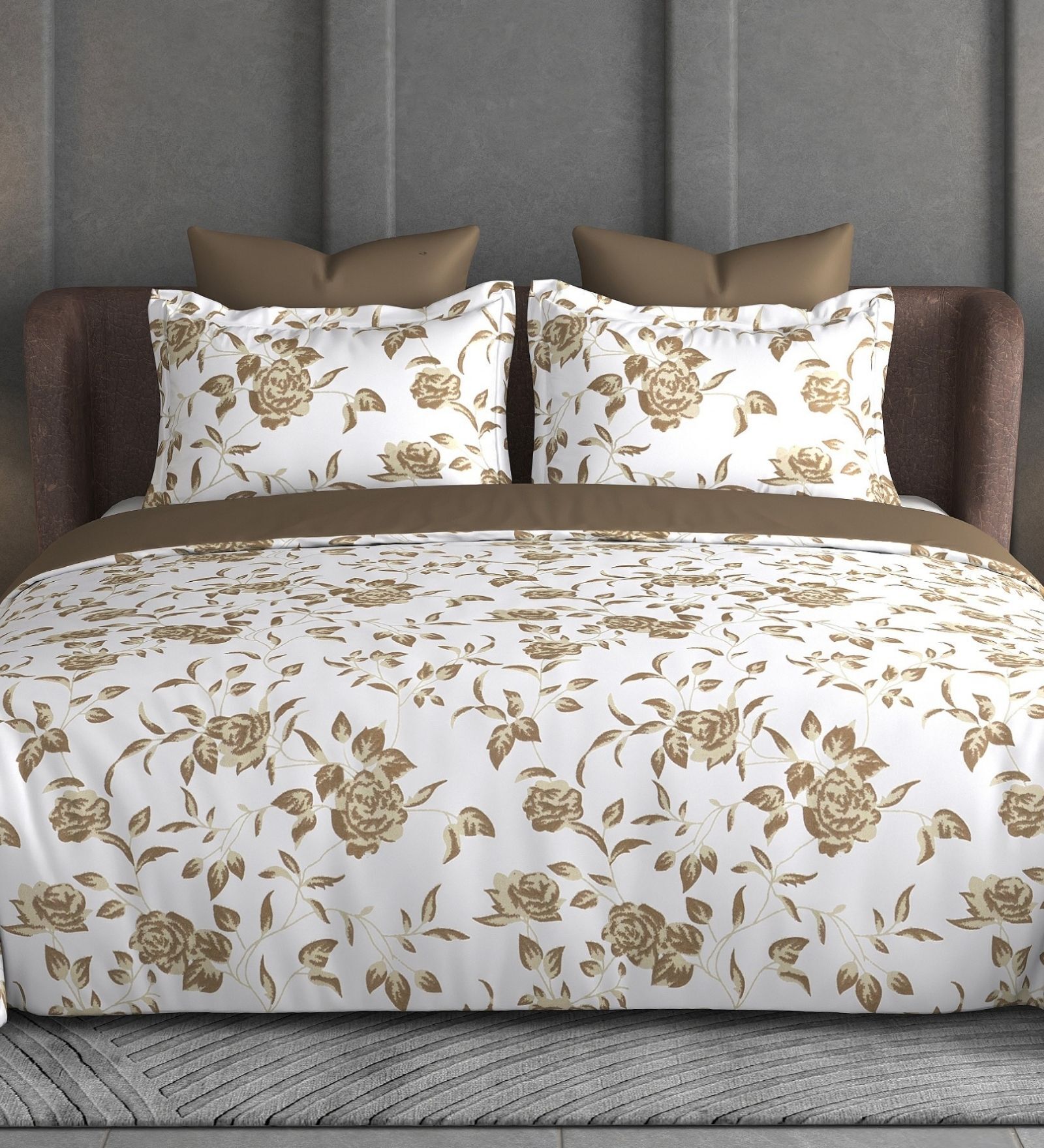 Light Brown Floral 600TC Cotton Super King Sized Double Bedsheet with 2 Embroidery Pillow Covers