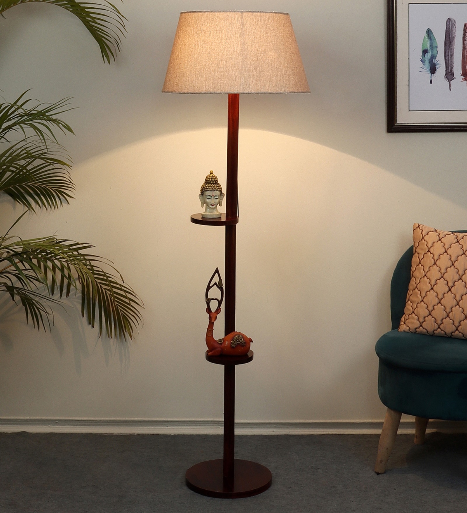 Roman Light Brown Handloom Fabric with acrylic sheet Shade Shelf Floor Lamp With Mango wood Base