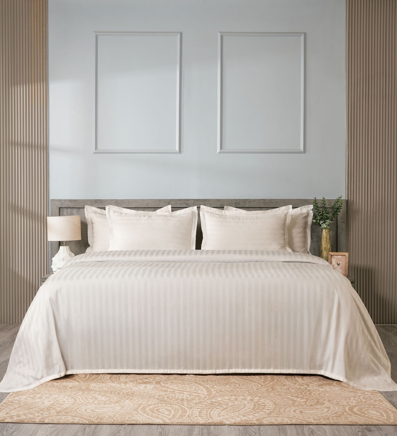 Cream 300TC 100% Cotton Stripe Flat Super King Bedsheet with 2 Pillow Covers
