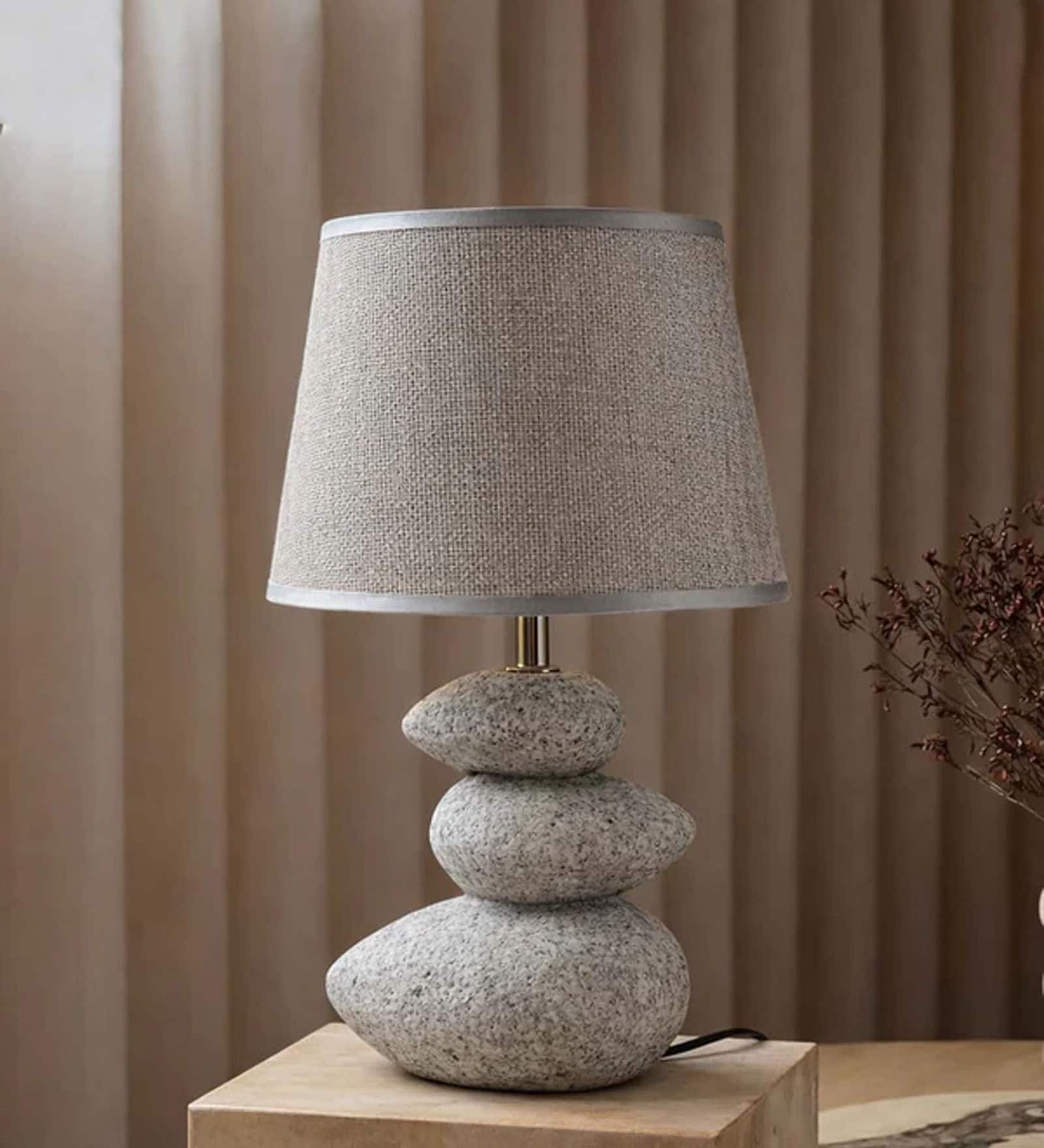 Light Gray Table Lamp Modern Design Fbaric Lampshade Pebble Shaped Ceramic Base