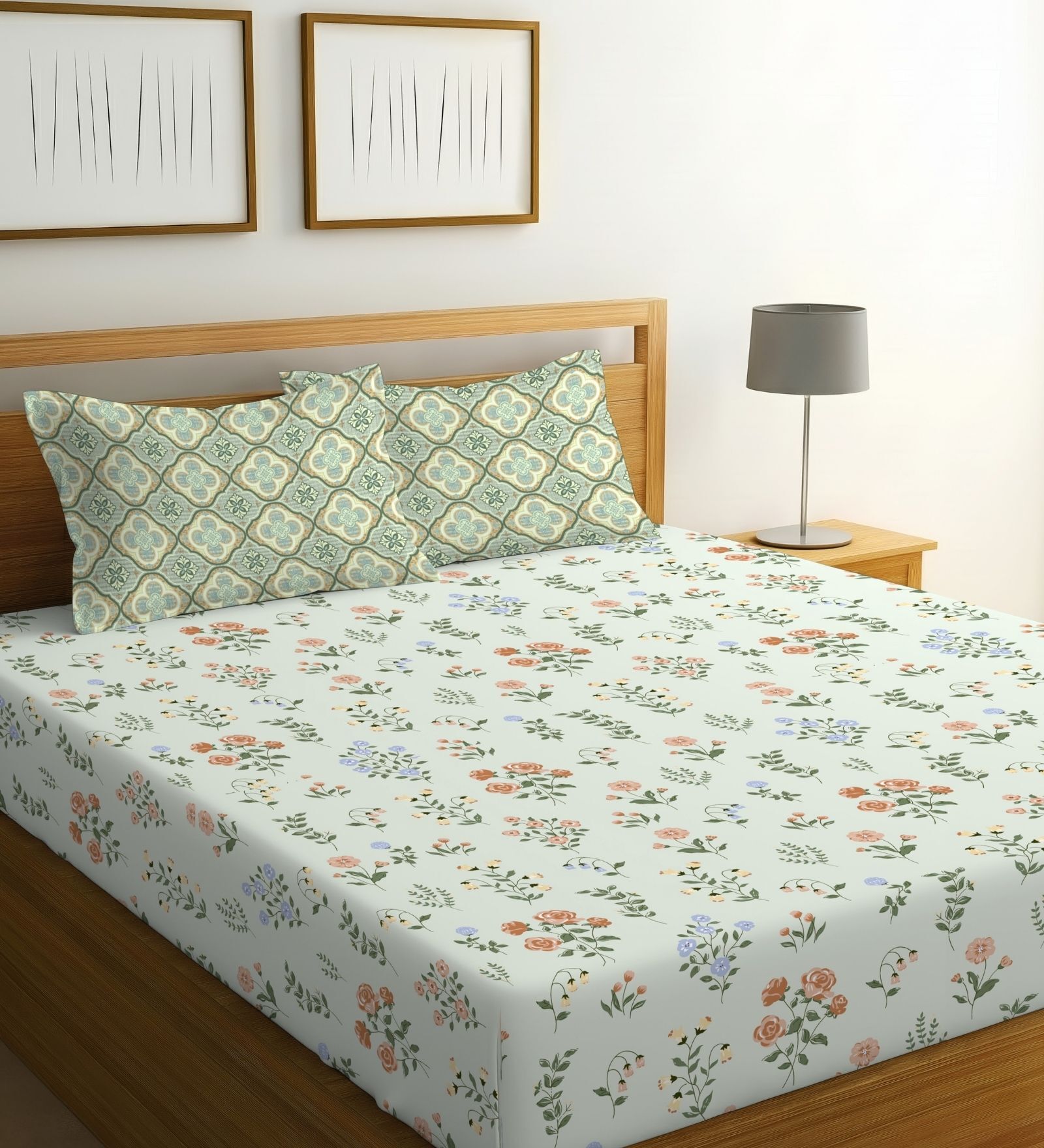 Light Green & Green Glace Cotton Floral Print Elastic Fitted King Bedsheet With 2 Pillow Covers
