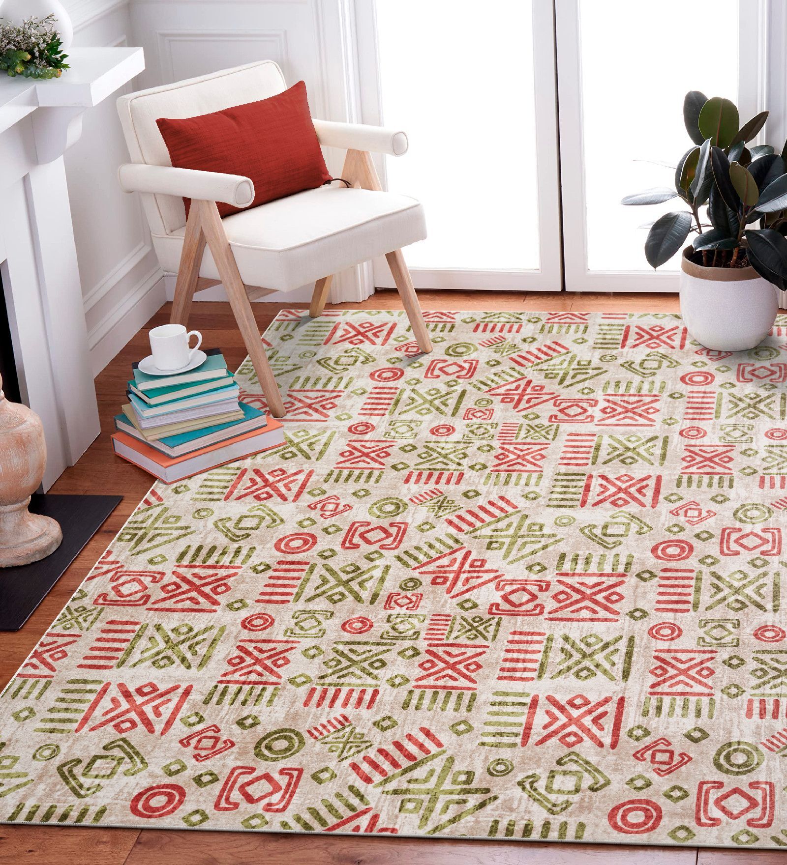 Light Green & Persian Red Block Print Polyester 3 ft x 5 ft Machine Made Carpet