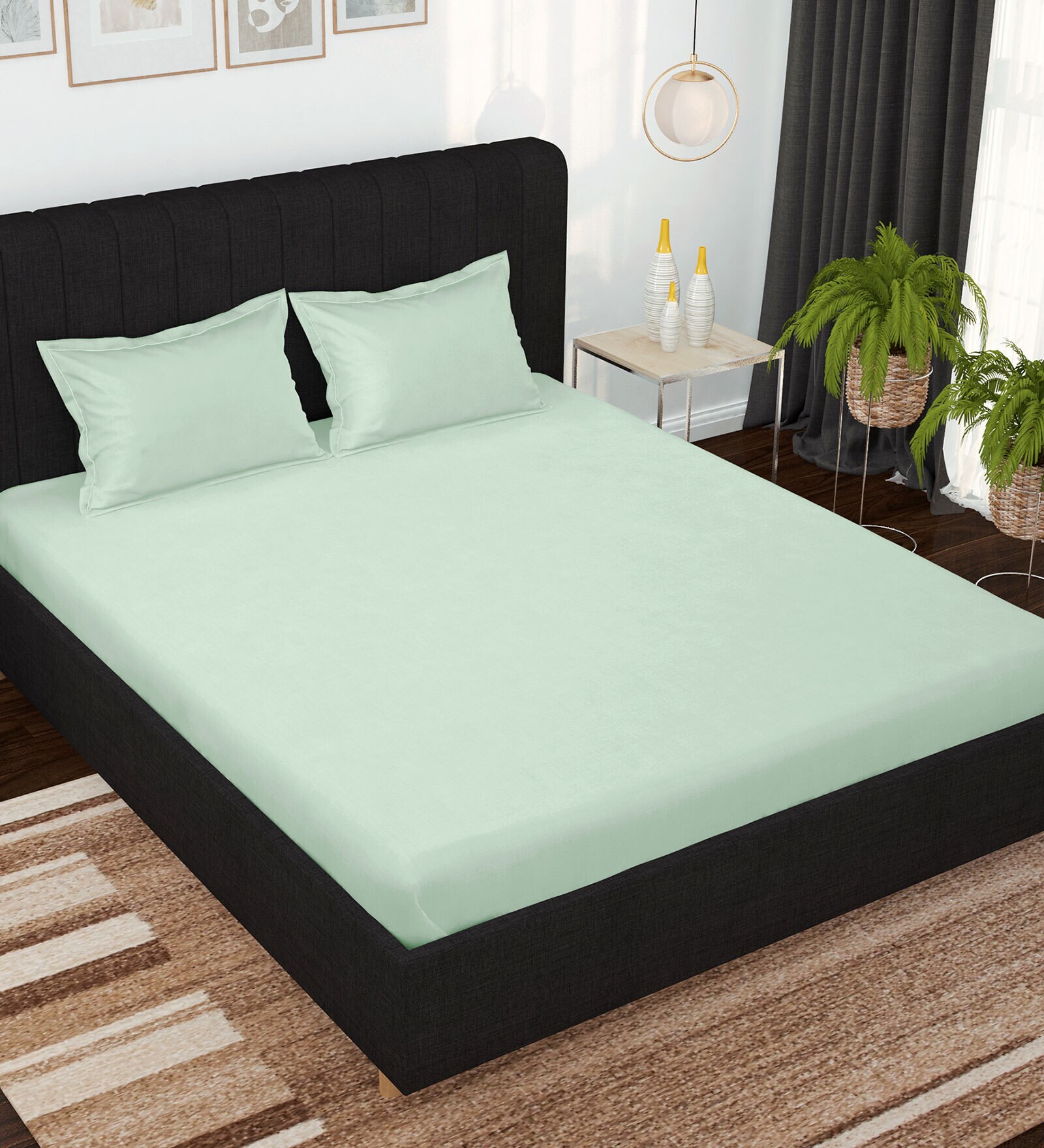 Buy Light Green 500 TC 100 Cotton King Size Bedsheet 2 Pillows covers