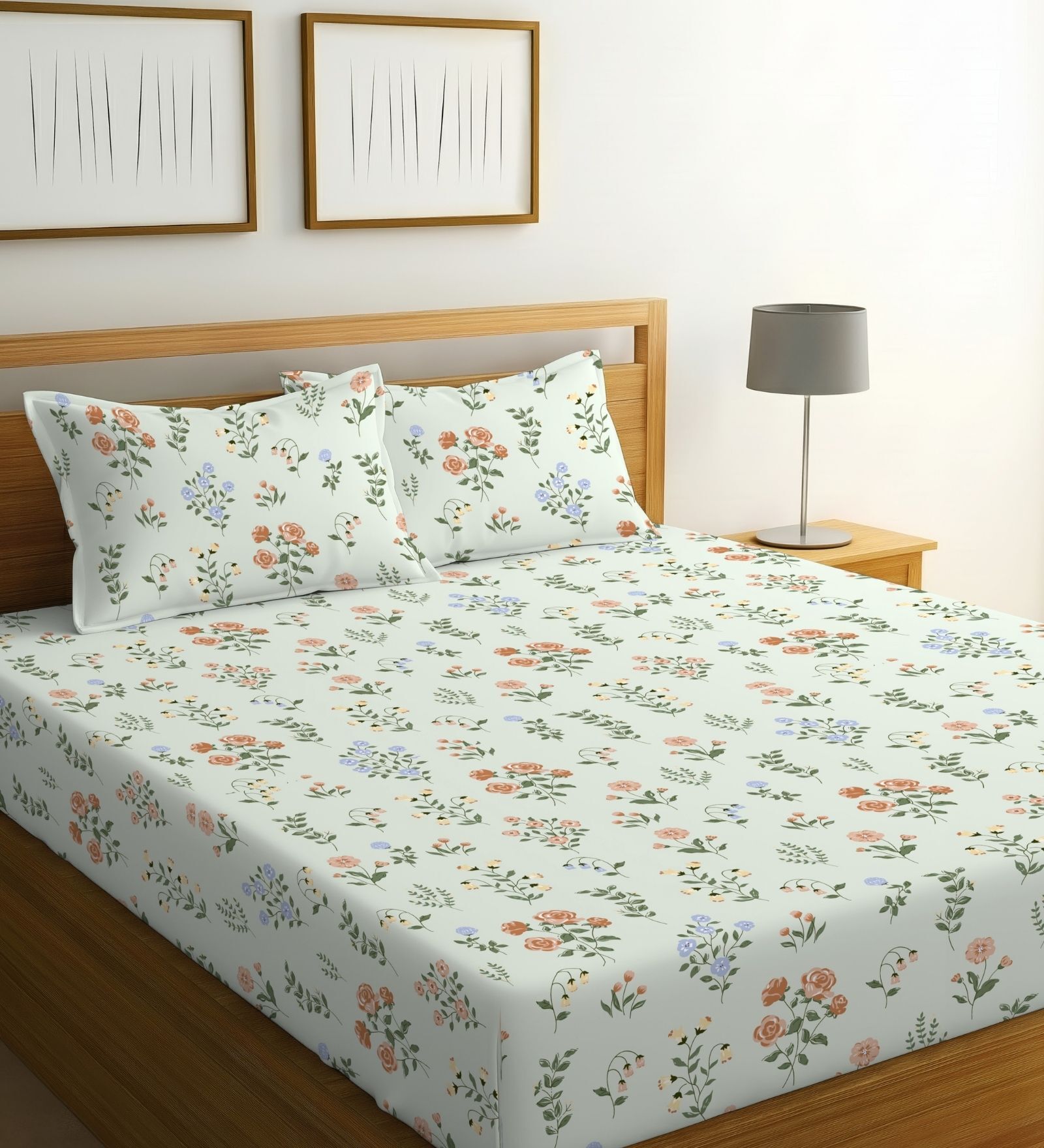 Light Green Glace Cotton Floral Print Elastic Fitted King Bedsheet With 2 Pillow Covers