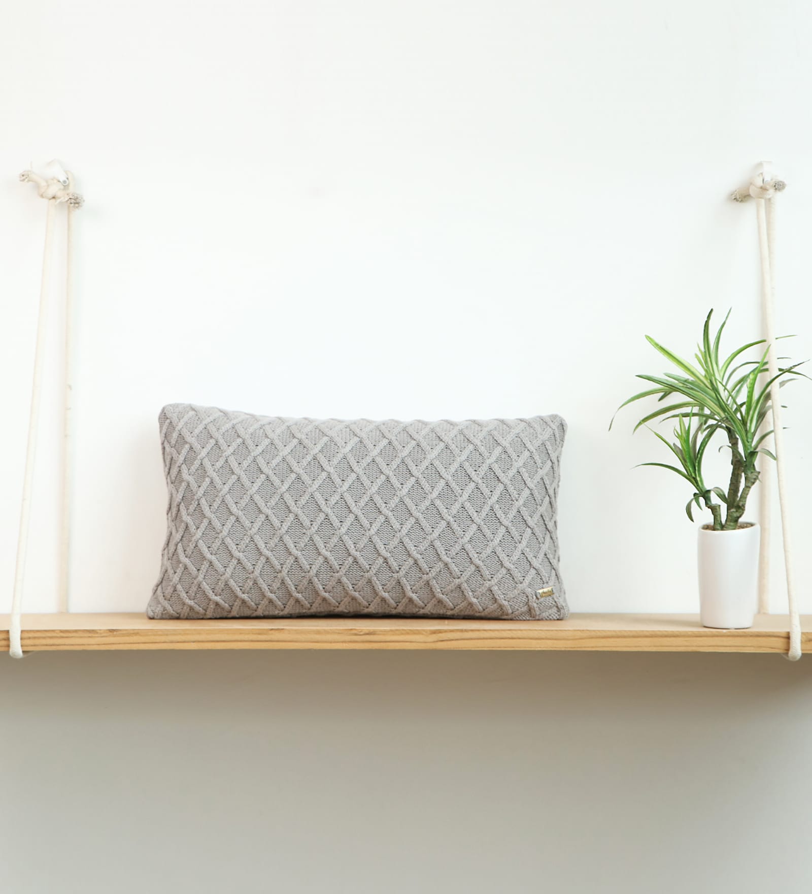 Light Grey 100% Cotton Crest 12X20 Inches Knitted Cushion Cover