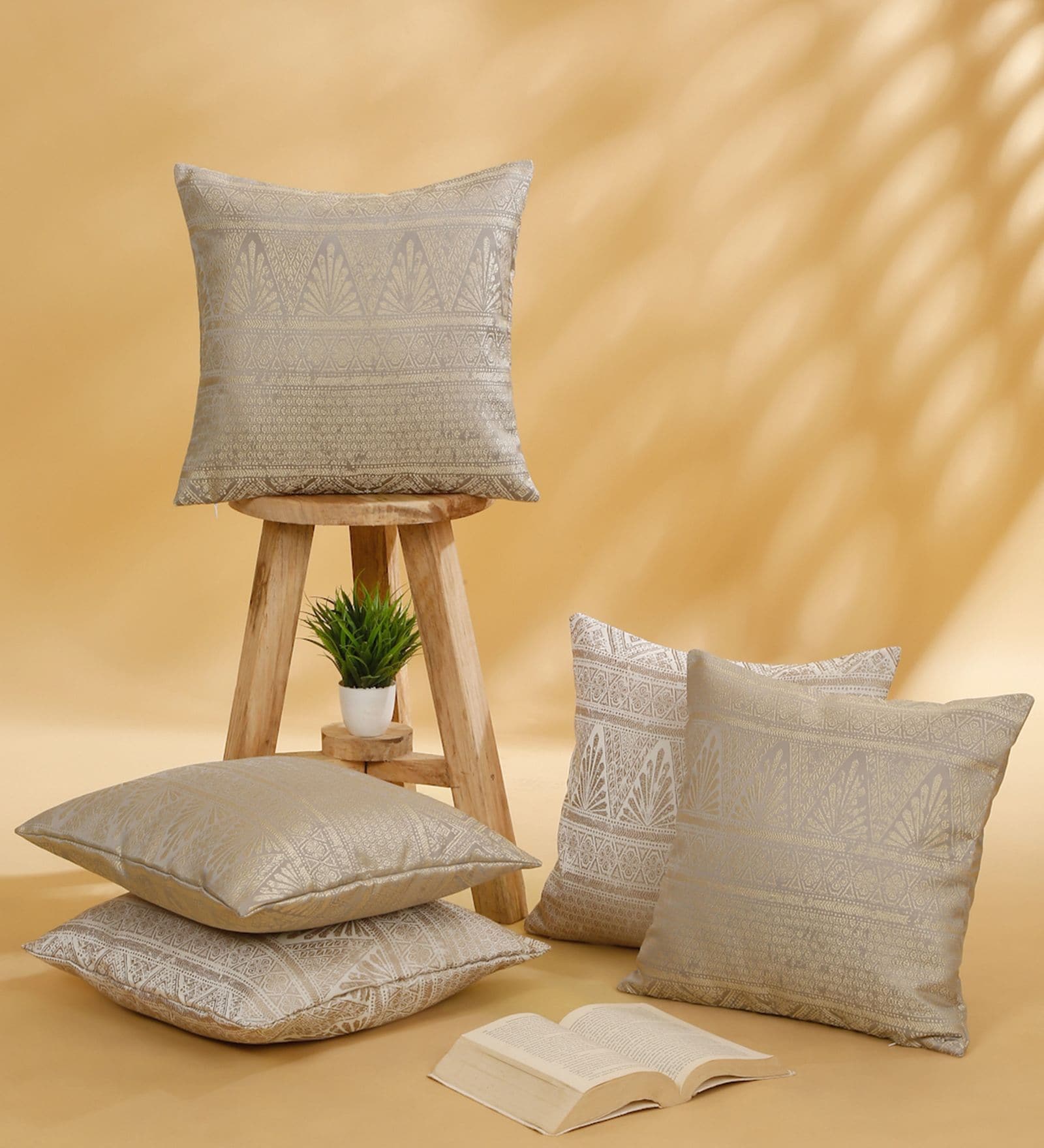 Light Grey and Off White Polyester Jacquard 16x16 inches Cushion Cover Set of 5