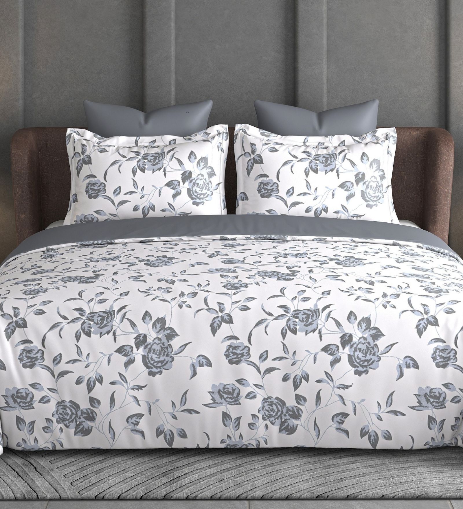 Light Grey Floral 600TC Cotton Super King Sized Double Bedsheet with 2 Embroidery Pillow Covers