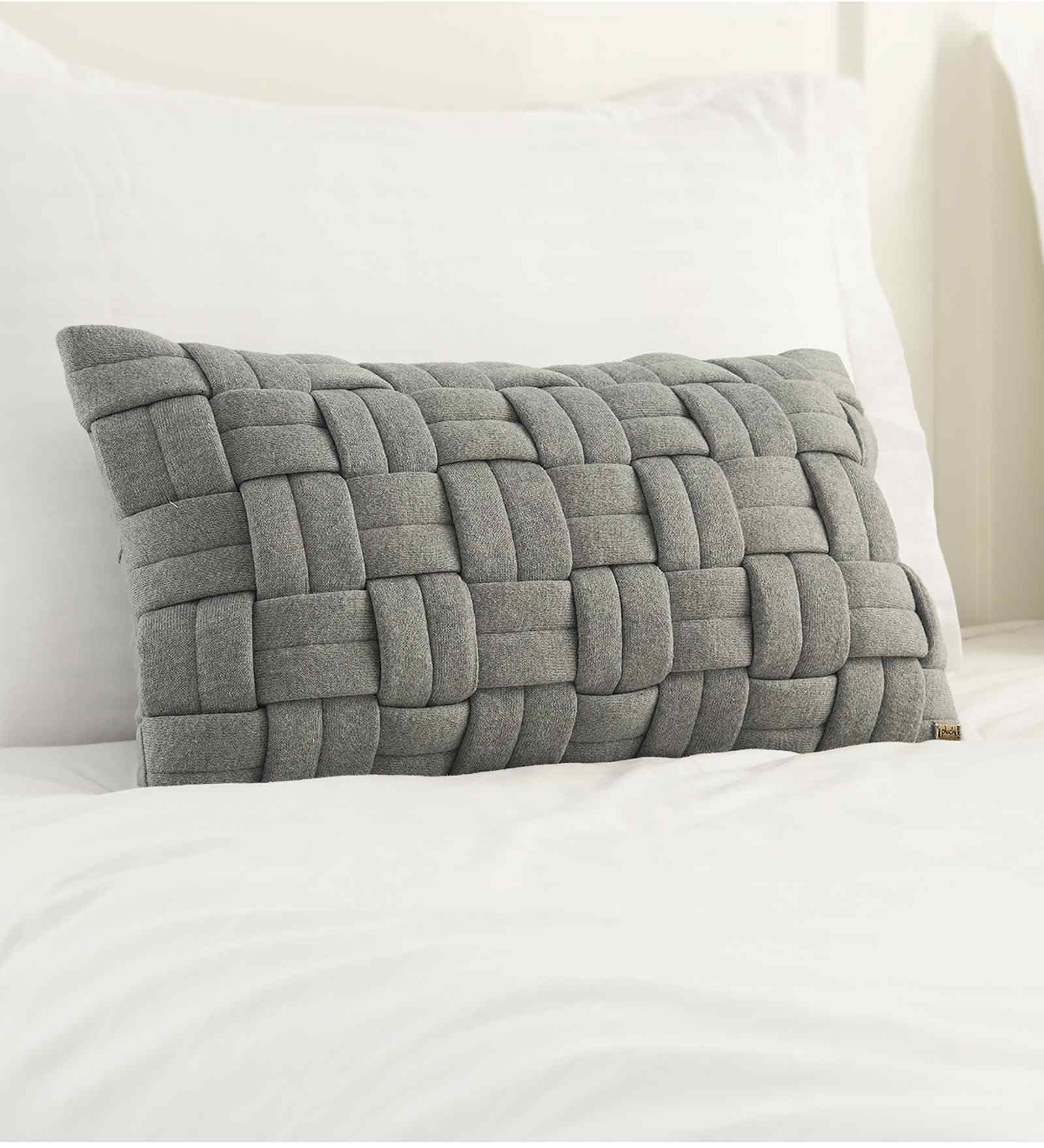 Light Grey Melange 100% Cotton 12X20 Inches Knitted Cushion Cover With Filler