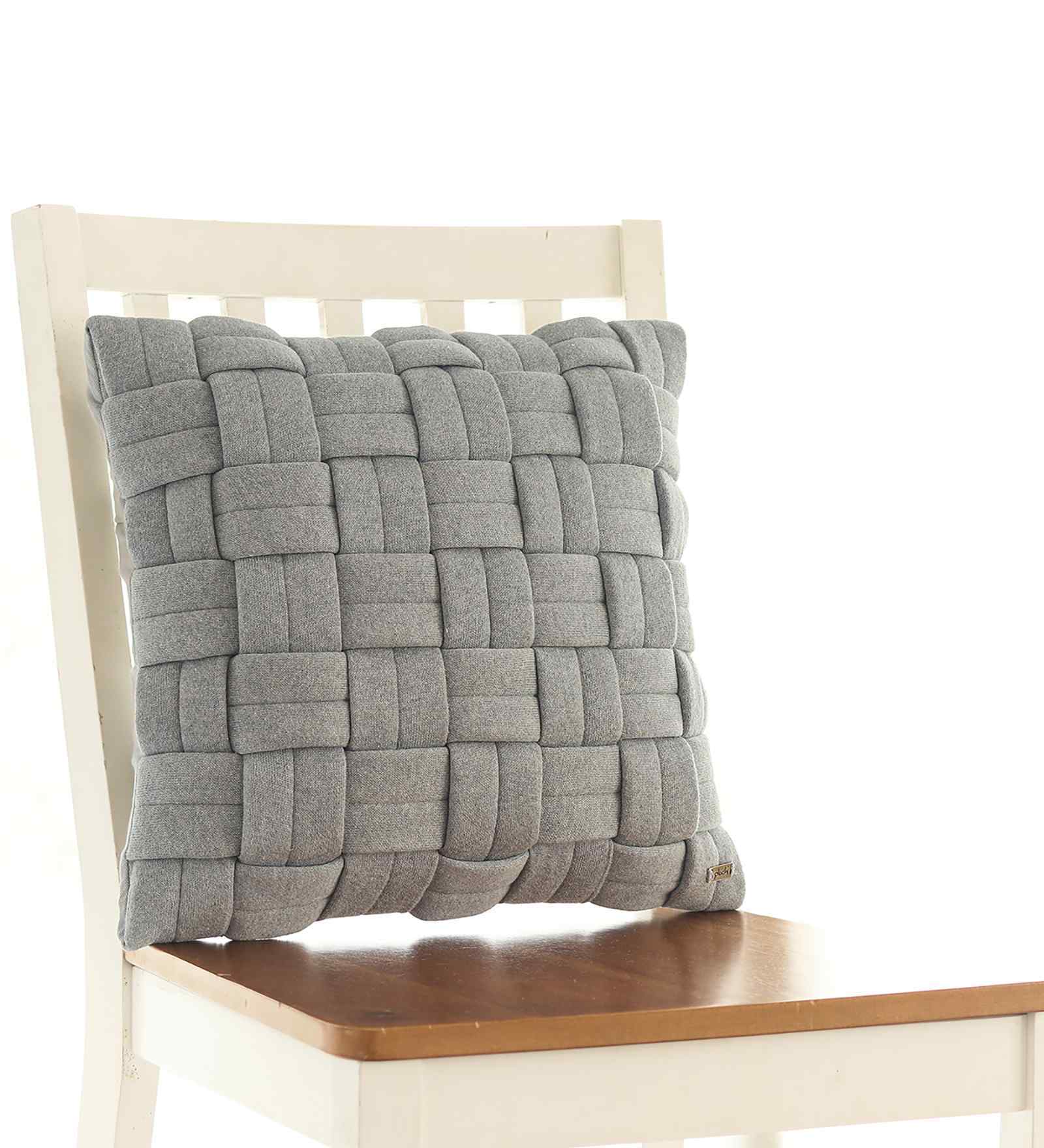 Light Grey Melange 100% Cotton 16X16 Inches Knitted Cushion Cover With Filler
