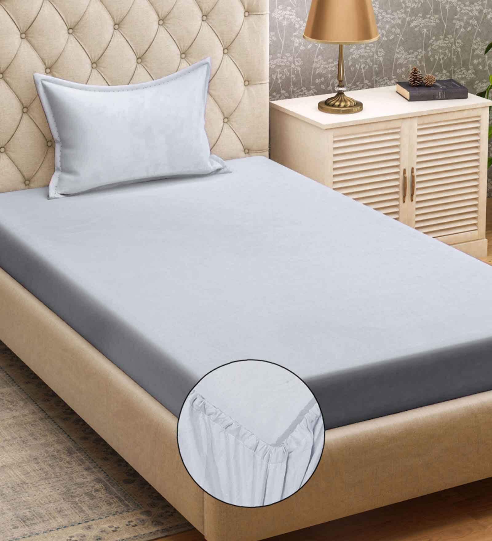 Light Grey Solid 300 TC Cotton Blend Fitted Single Bedsheet with Pillow Cover