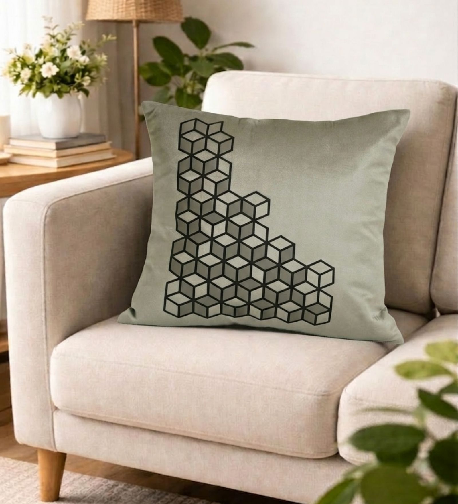 Light Grey Velvet 16 x 16 Inches Cube Print Cushion Covers