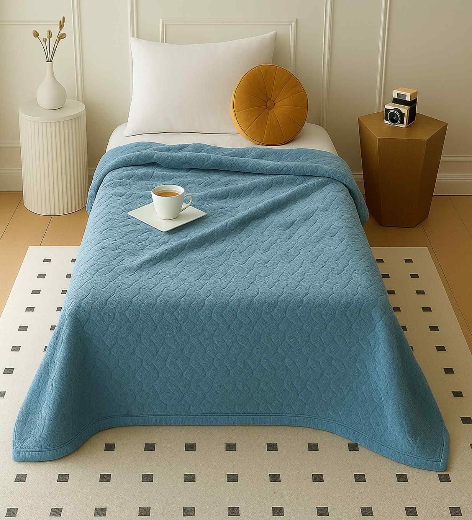 Blue Wool Geometric 320 GSM Silky Super Soft Single Bed Blanket