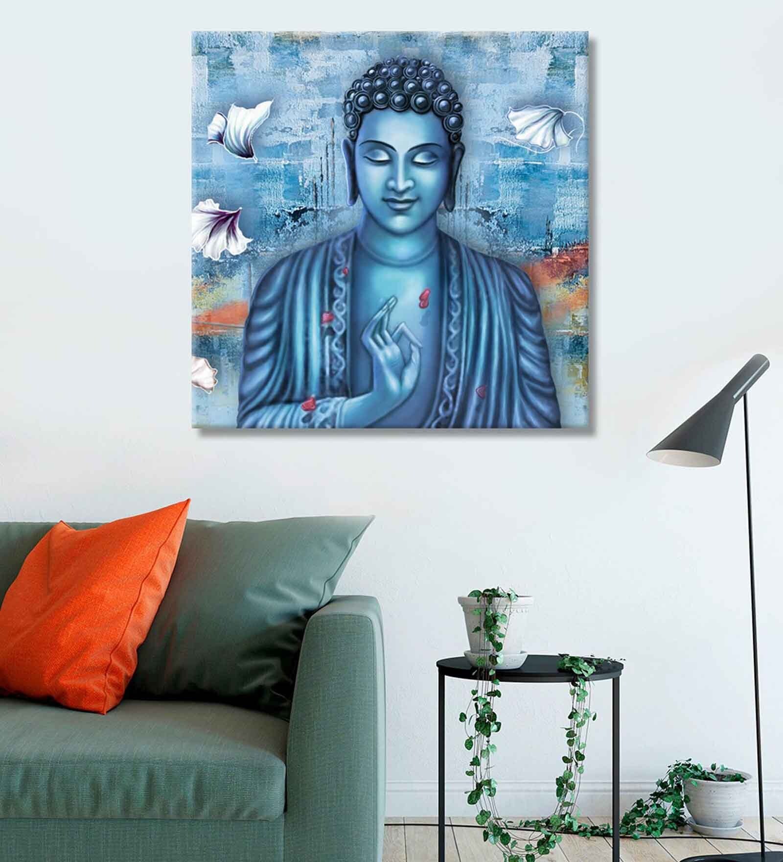 Light Navy Blue Buddha Backgrou & White Flowers Canvas Art Print
