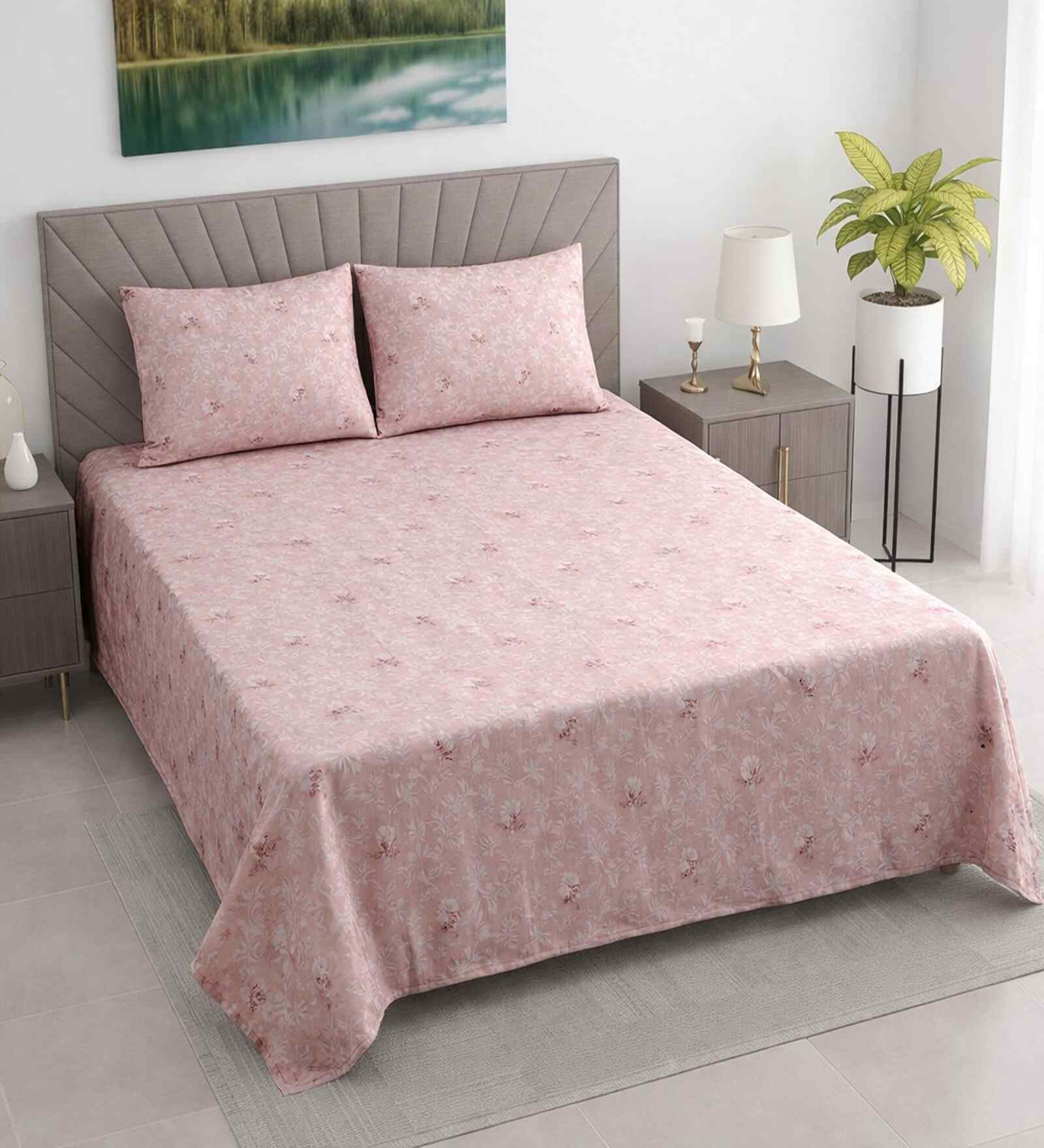 Light Pink Floral 400 TC Cotton Queen Flat Bedsheet with 2 Pillow Covers Essential Collection