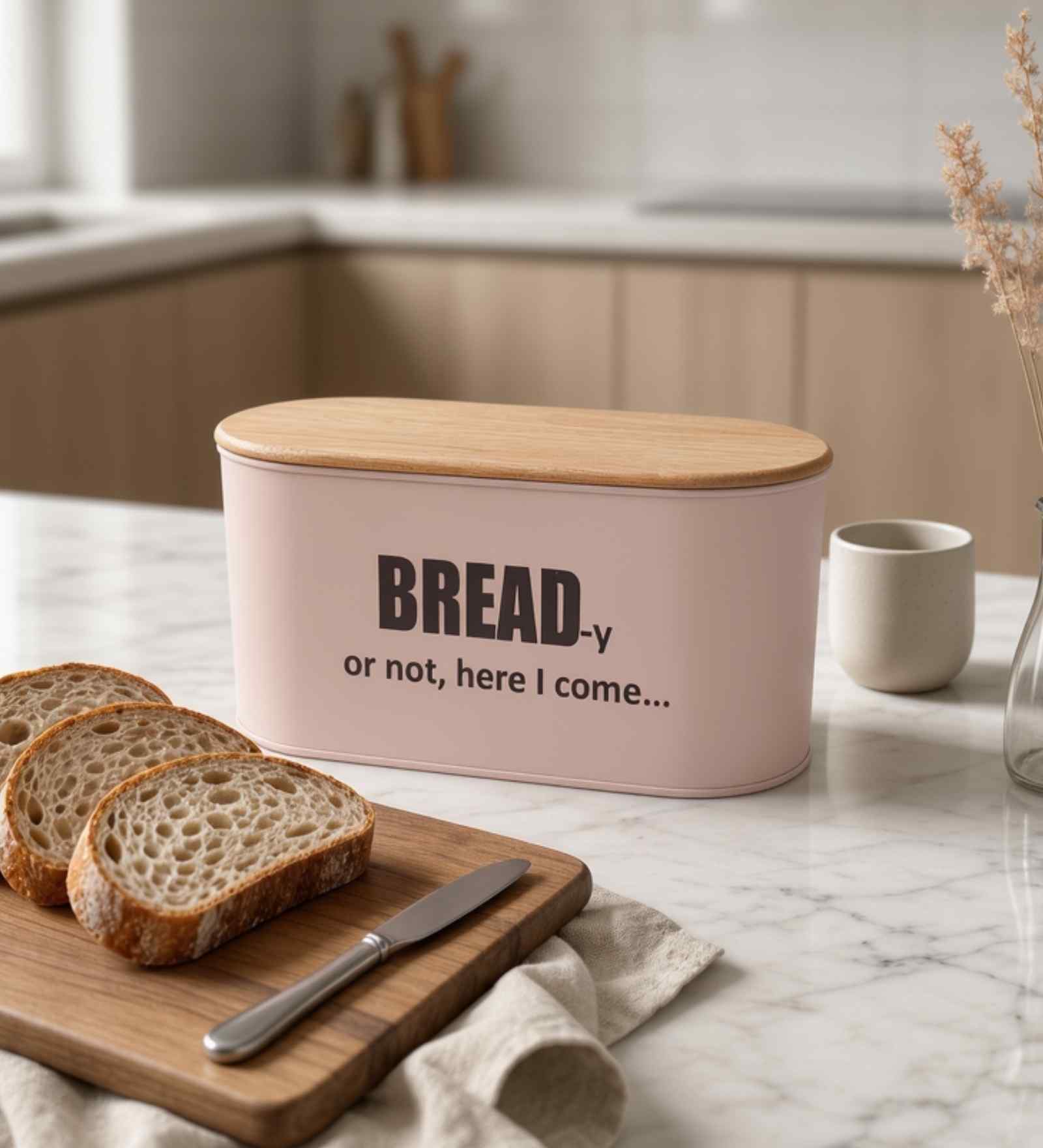 Light Pink Metal Bread Box With Wooden Lid