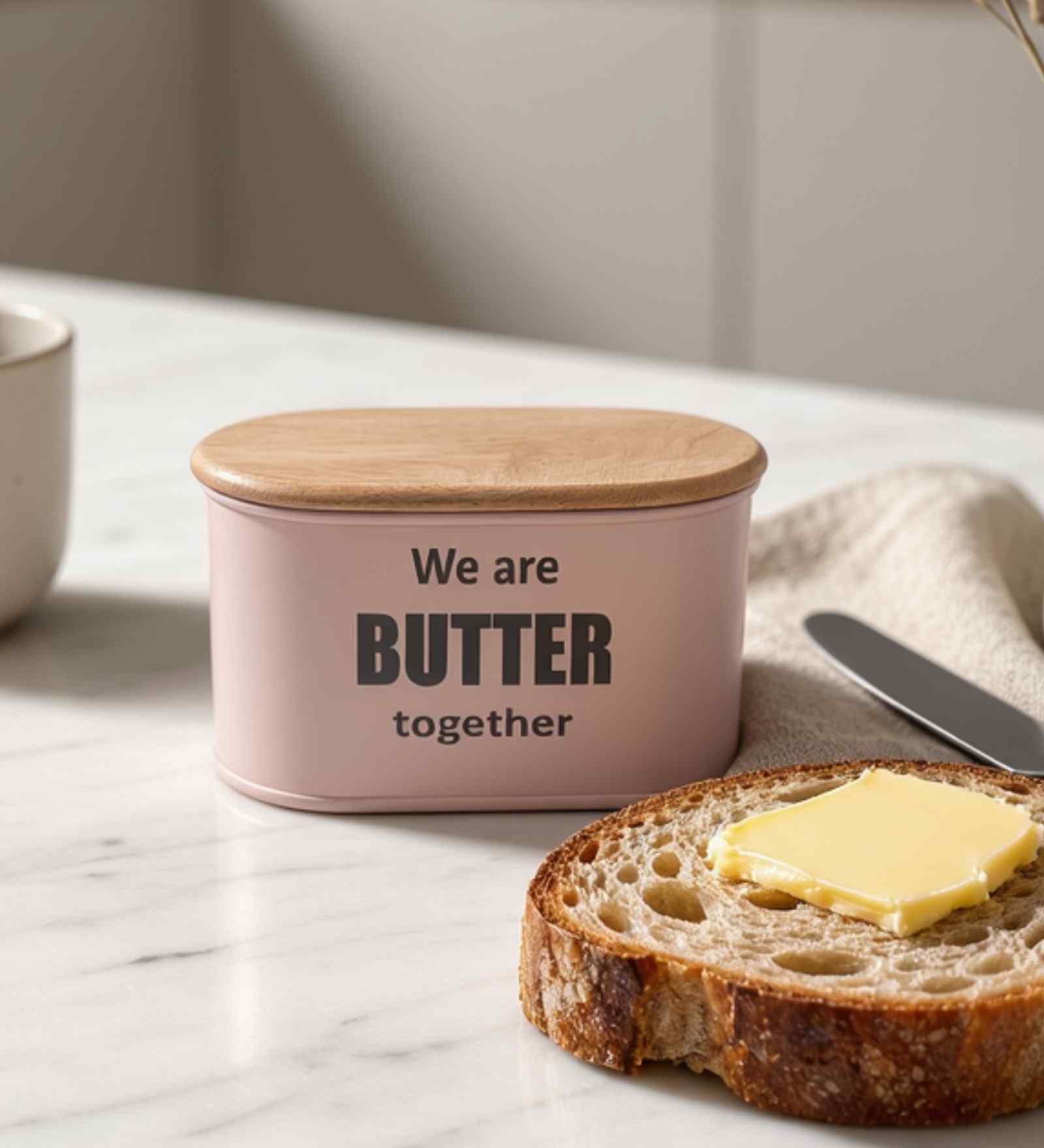 Light Pink Metal Butter Box With Wooden Lid