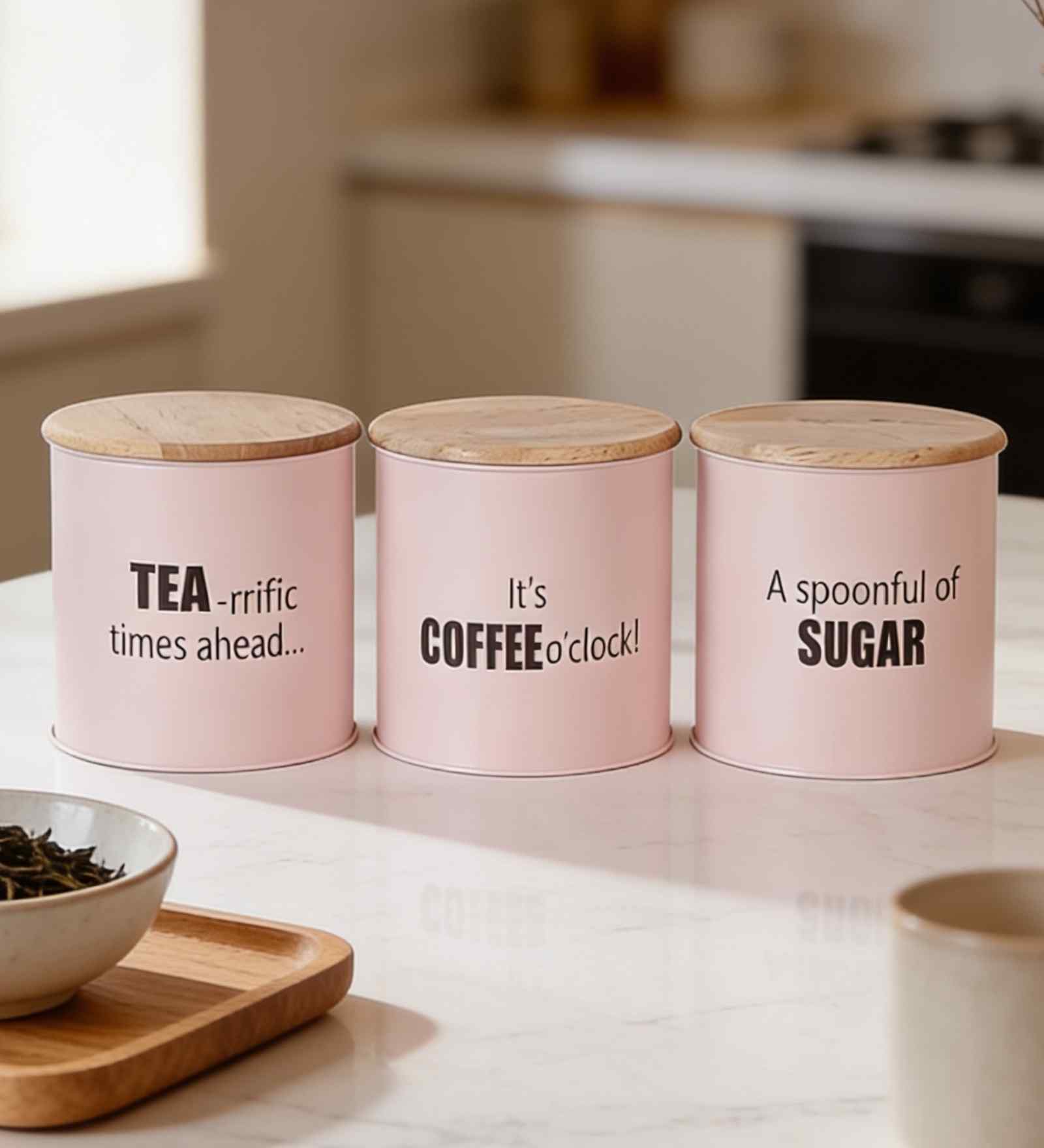 Light Pink Metal Small Tea, Sugar & Coffee Containers With Wooden Lids Set Of 3