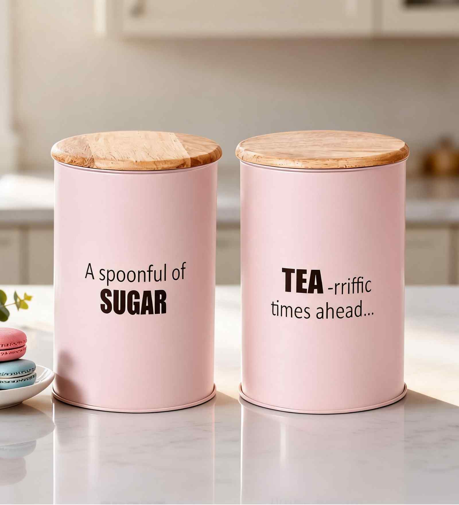Light Pink Metal Tea & Sugar Containers With Wooden Lids Set Of 2