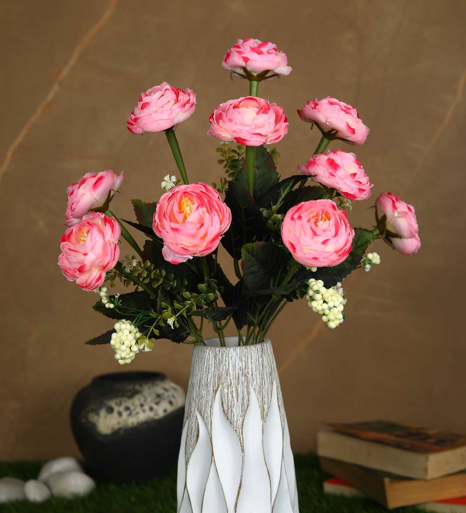 Light Pink Polyester Fabric Decorative Artificial Light Camellia Rose Flower Bunch