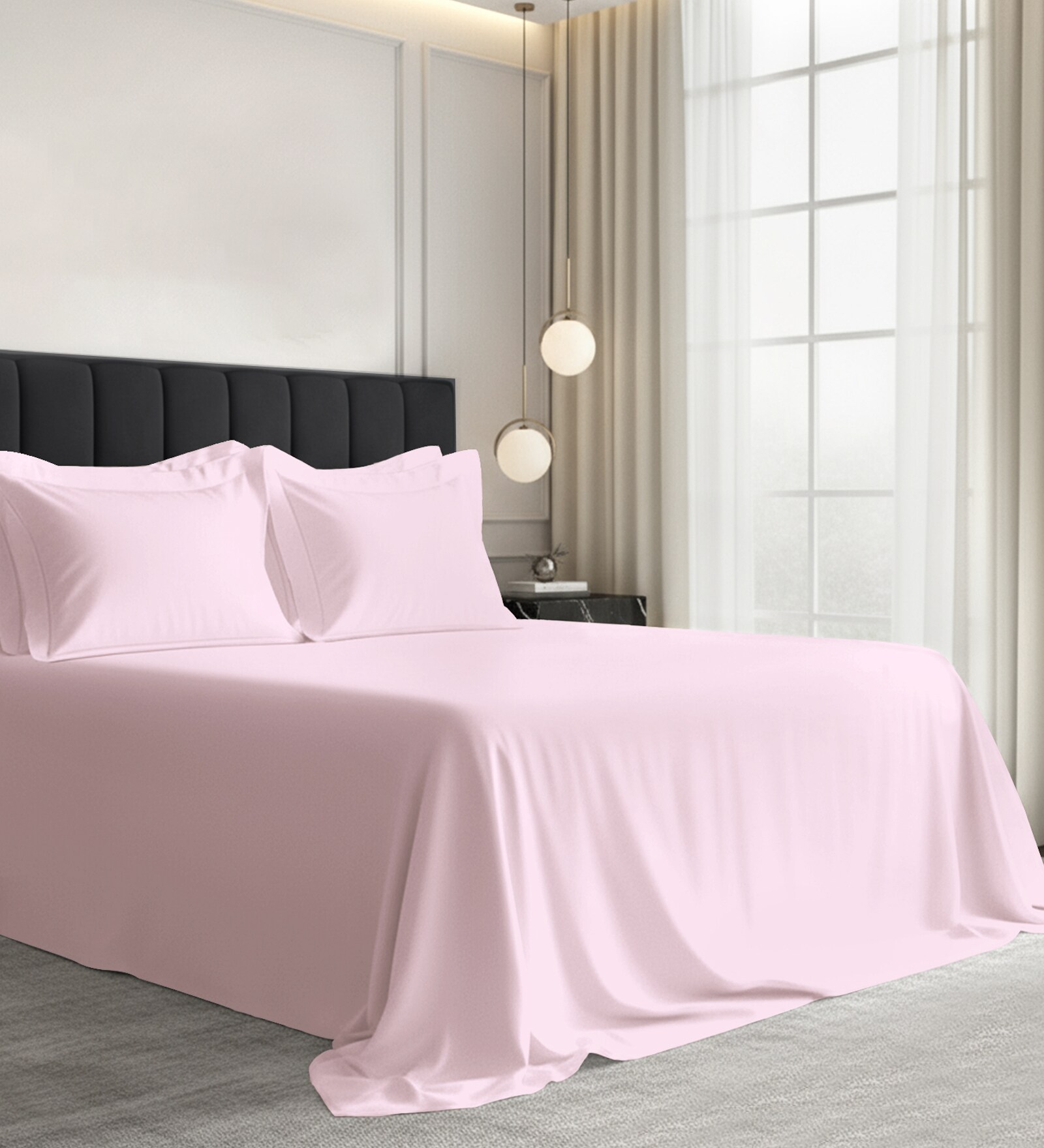Light Pink Solid 1000 TC Cotton Super King Sized Bedsheet with 4 Pillow Covers