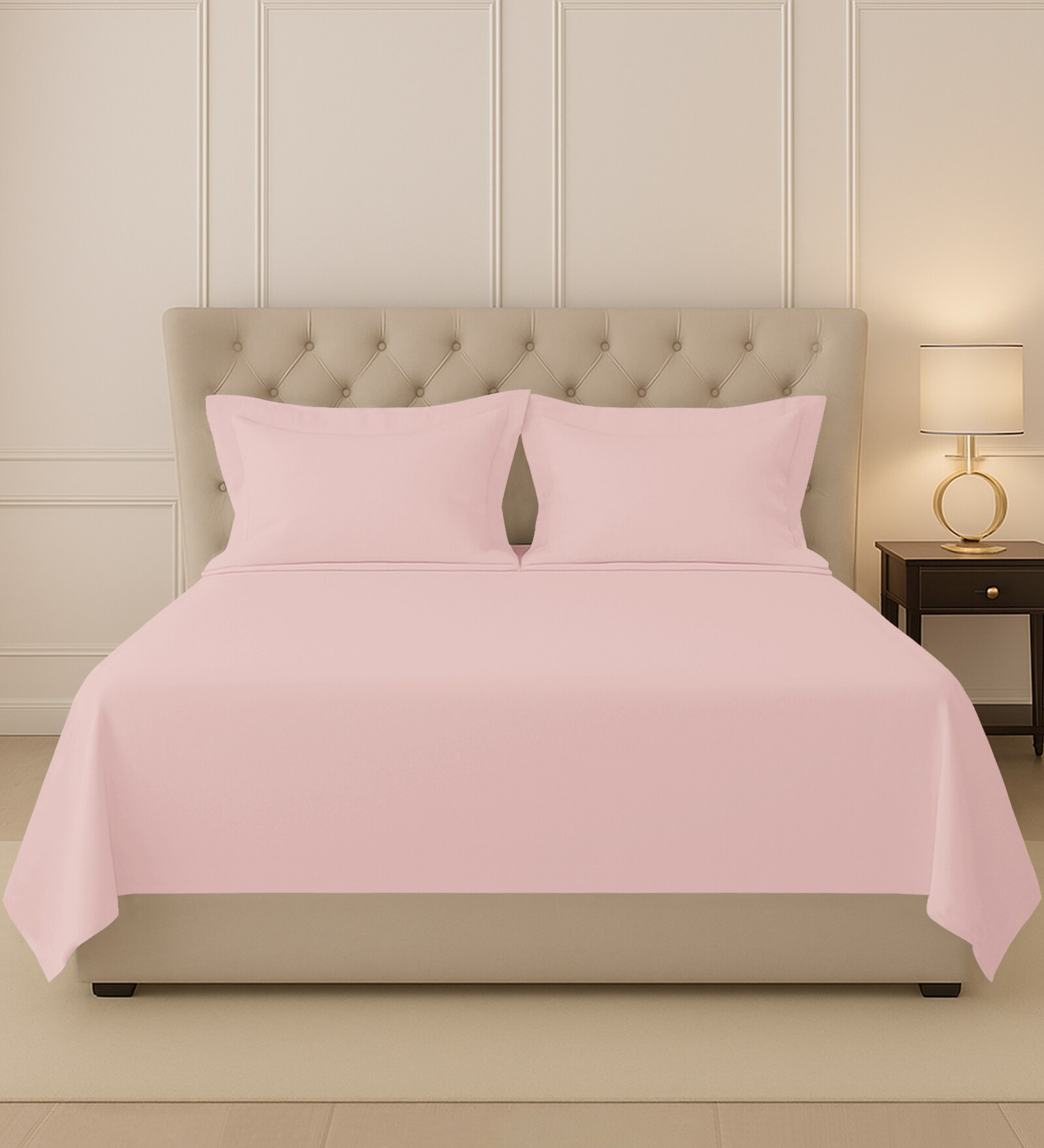 Light Pink Solid 400 TC Cotton King Sized Bedsheet with 2 Pillow Covers