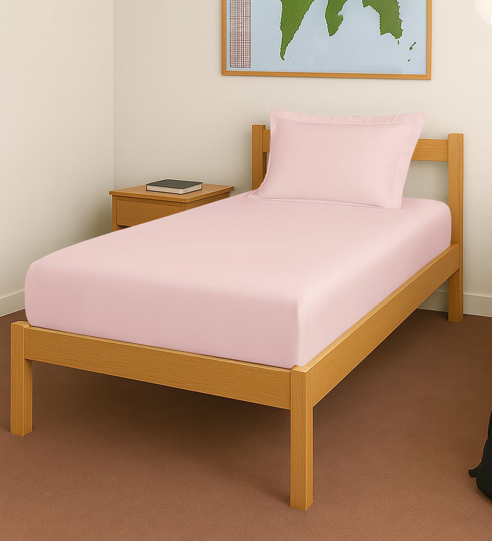 Light Pink Solid 400 TC Cotton Single Sized Fitted sheet with 1 Pillow Cover