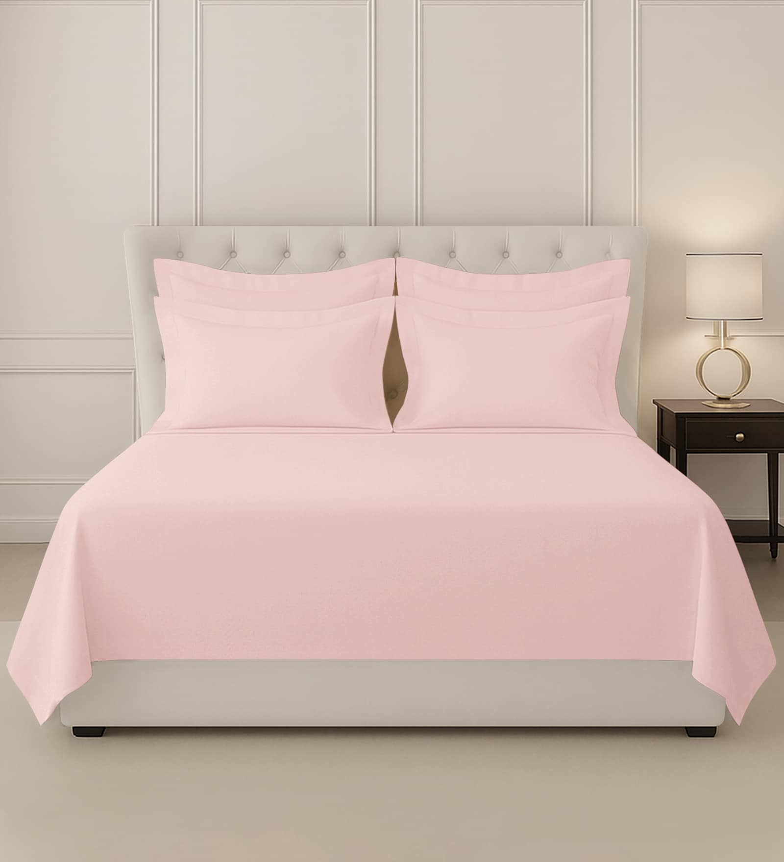 Light Pink Solid 400 TC Cotton Super King Sized Bedsheet with 4 Pillow Covers