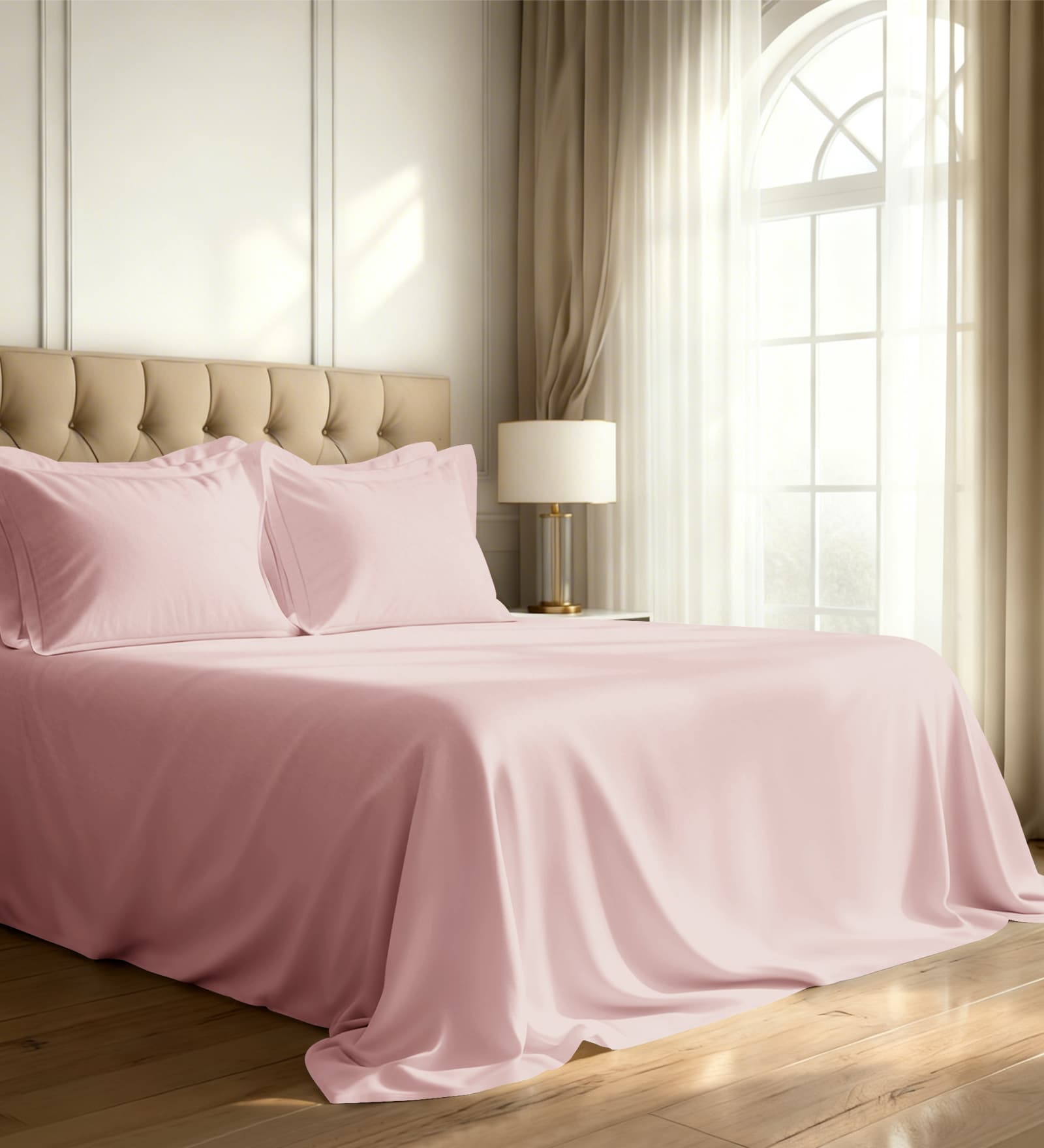 Light Pink Solid 800 TC Cotton Super King Sized Bedsheet with 4 Pillow Covers
