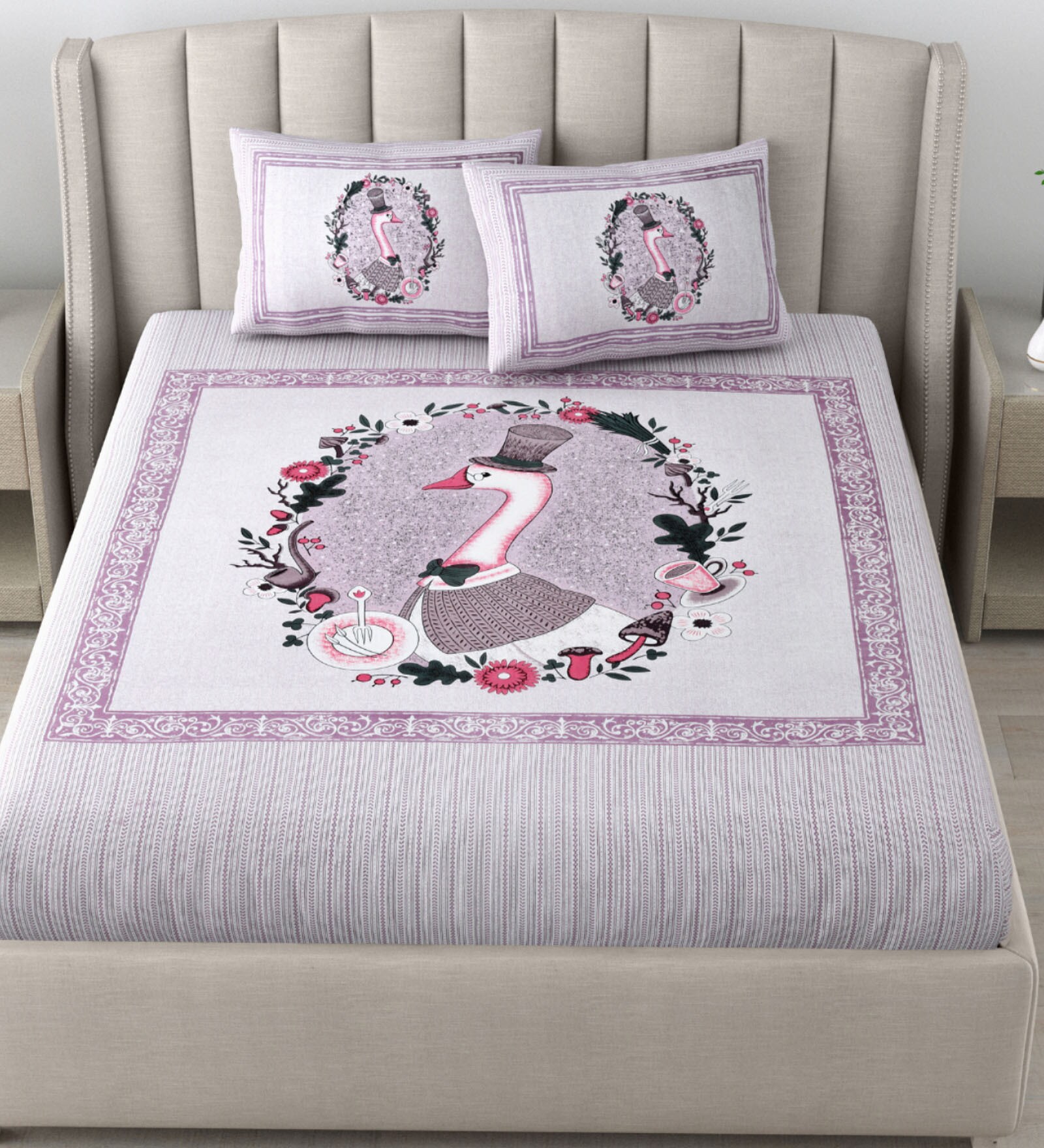 Light Purple Traditional 180 TC Cotton Printed Bedsheet With Two Pillow Covers For Queen Bed (Swan Printed ,Voilet ,153 GSM) Light Purple Traditional 180 TC Cotton Printed Bedsheet With Two Pillow Covers For Queen Bed (Swan Printed ,Voilet ,153 GSM)