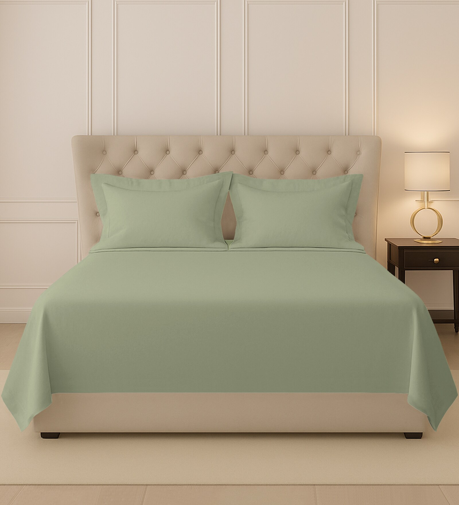 Light Sage Solid 400 TC Cotton King Sized Bedsheet with 2 Pillow Covers